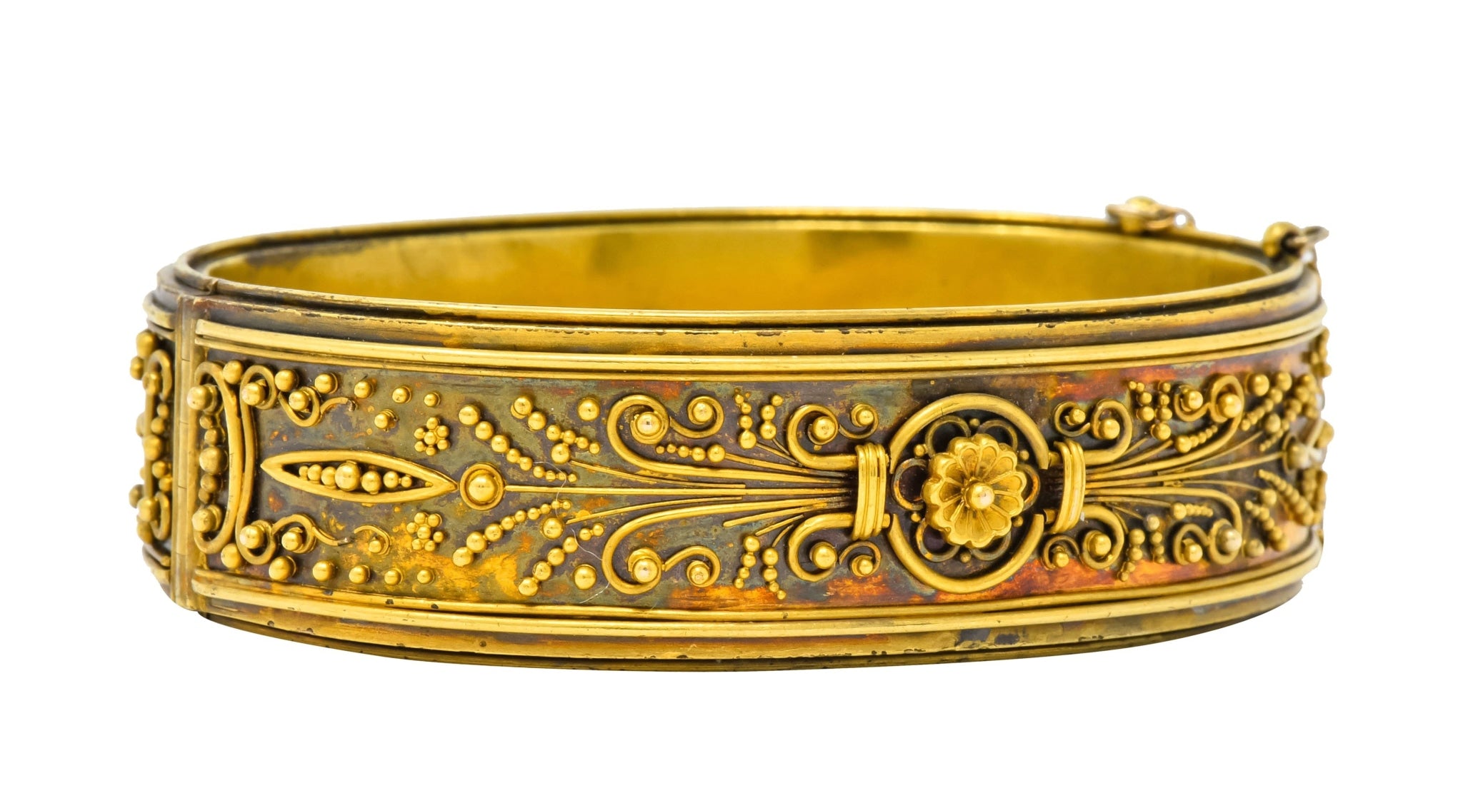 Victorian Etruscan Revival 14 Karat Gold Floral Bangle Bracelet Circa 1870 - Wilson's Estate Jewelry