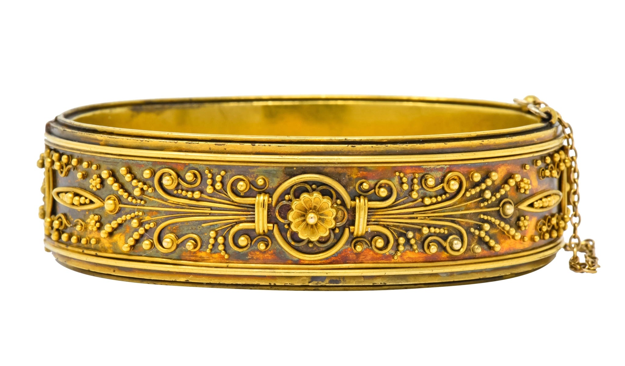 Victorian Etruscan Revival 14 Karat Gold Floral Bangle Bracelet Circa 1870 - Wilson's Estate Jewelry