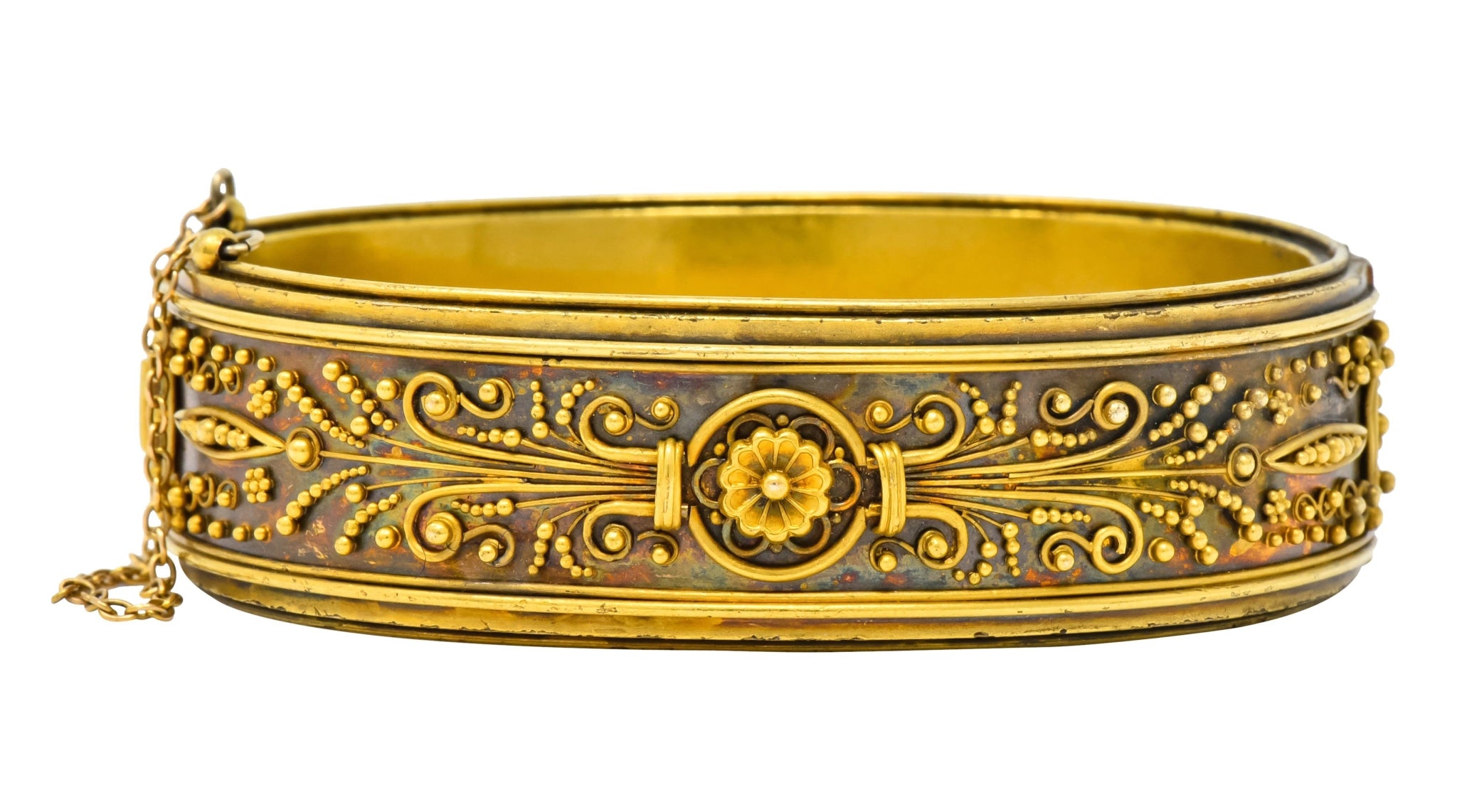 Victorian Etruscan Revival 14 Karat Gold Floral Bangle Bracelet Circa 1870 - Wilson's Estate Jewelry