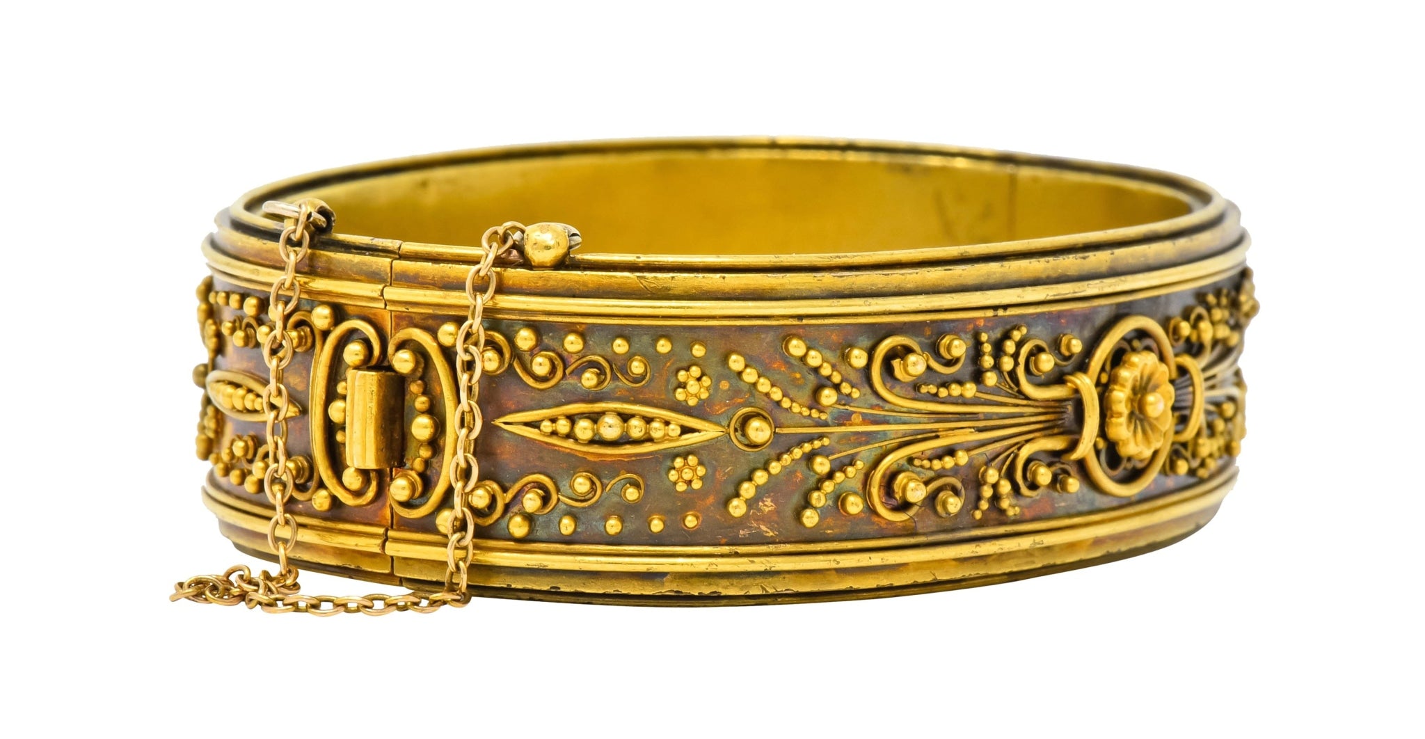 Victorian Etruscan Revival 14 Karat Gold Floral Bangle Bracelet Circa 1870 - Wilson's Estate Jewelry