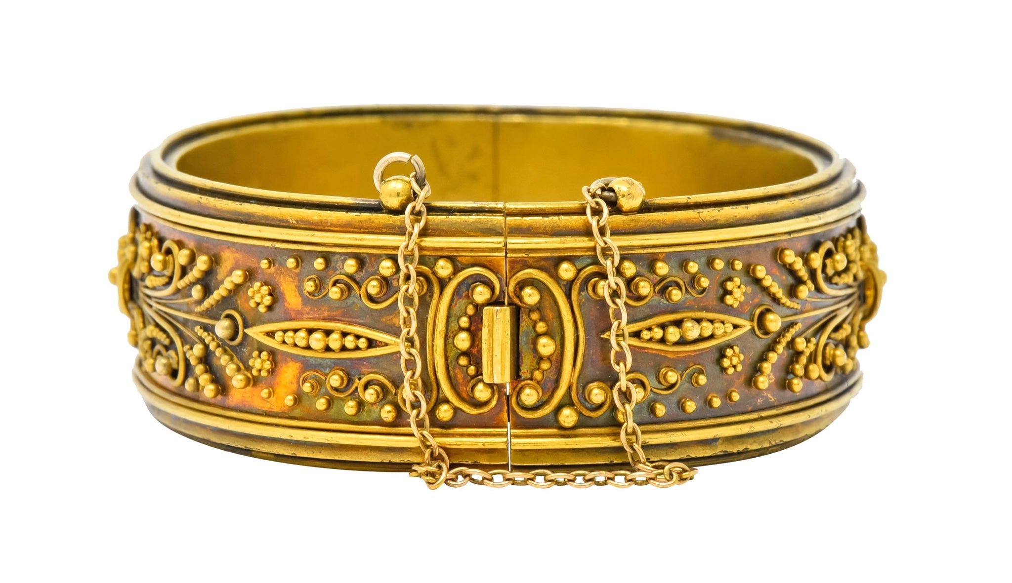 Victorian Etruscan Revival 14 Karat Gold Floral Bangle Bracelet Circa 1870 - Wilson's Estate Jewelry