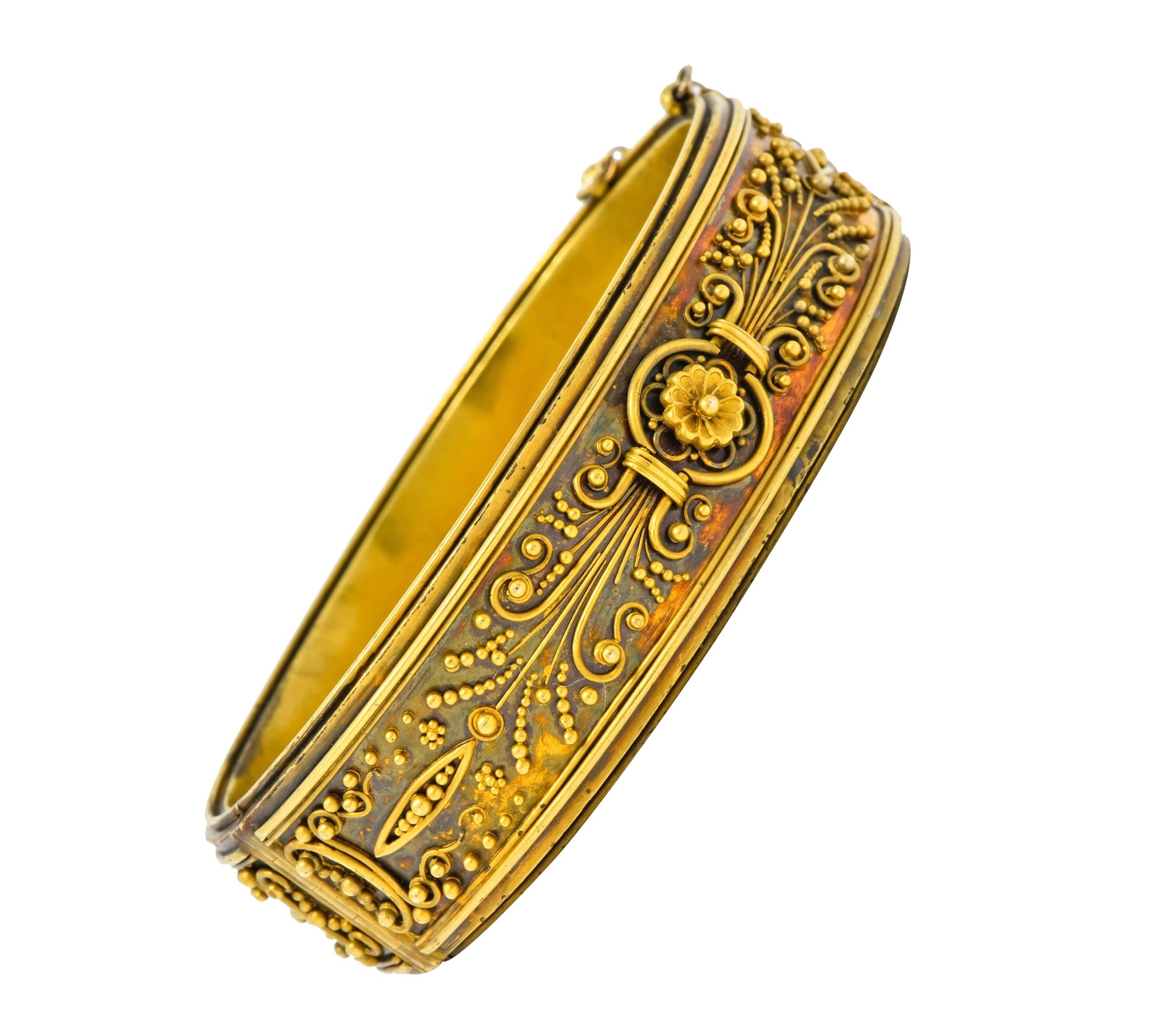 Victorian Etruscan Revival 14 Karat Gold Floral Bangle Bracelet Circa 1870 - Wilson's Estate Jewelry