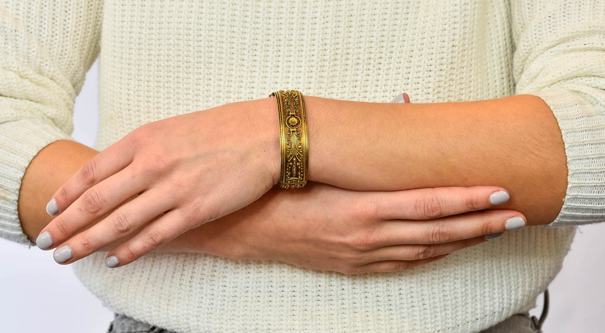 Victorian Etruscan Revival 14 Karat Gold Floral Bangle Bracelet Circa 1870 - Wilson's Estate Jewelry