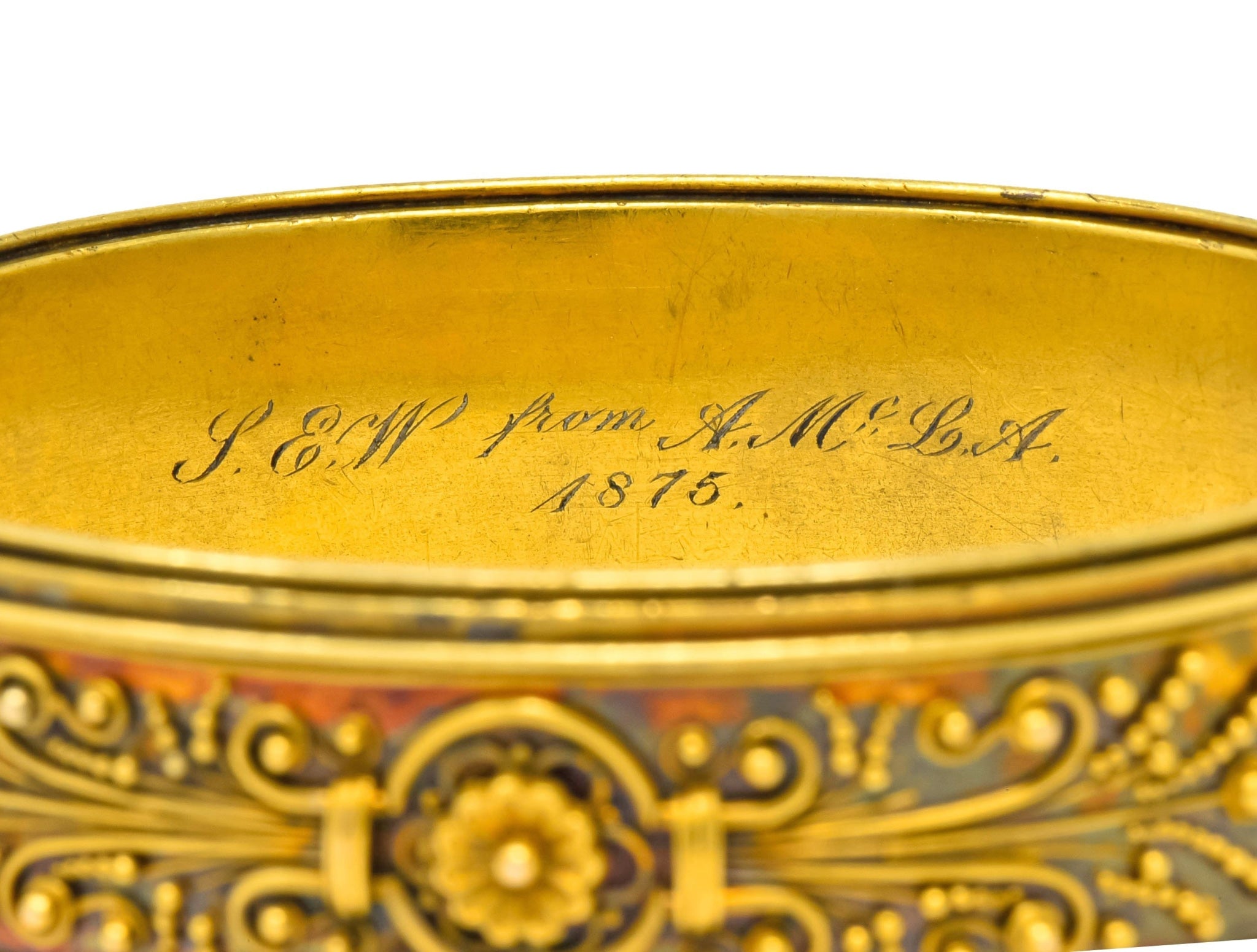 Victorian Etruscan Revival 14 Karat Gold Floral Bangle Bracelet Circa 1870 - Wilson's Estate Jewelry