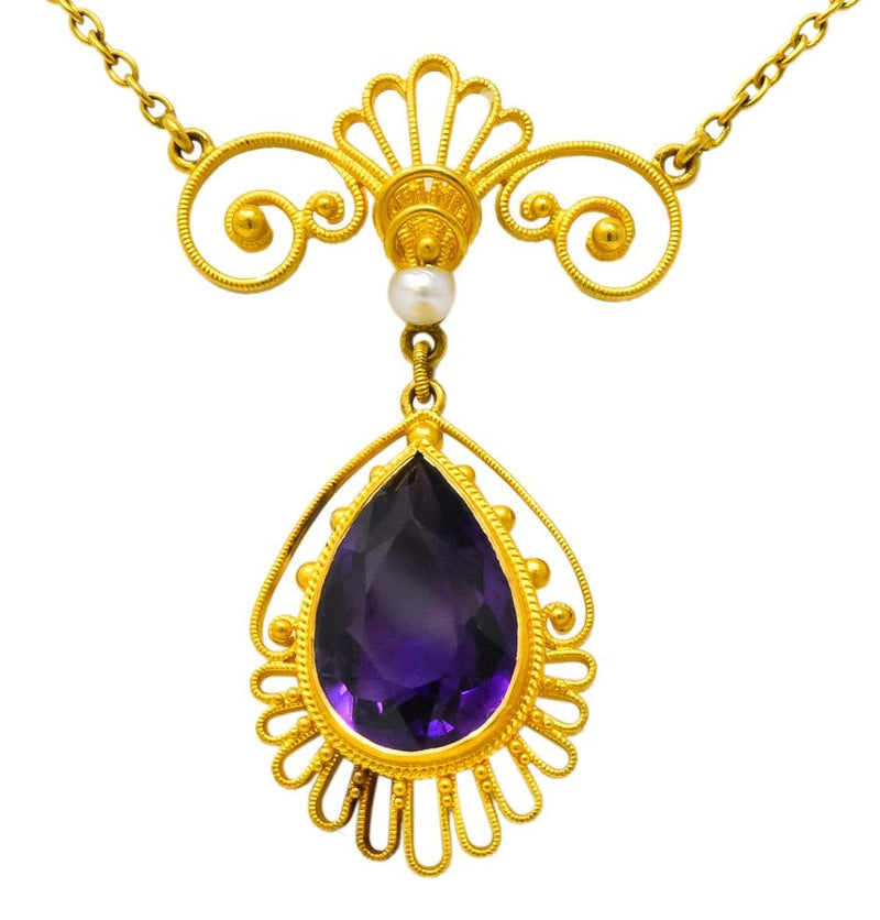 Victorian Etruscan Revival 3.50 CTW Amethyst Pearl 14 Karat Gold Necklace - Wilson's Estate Jewelry