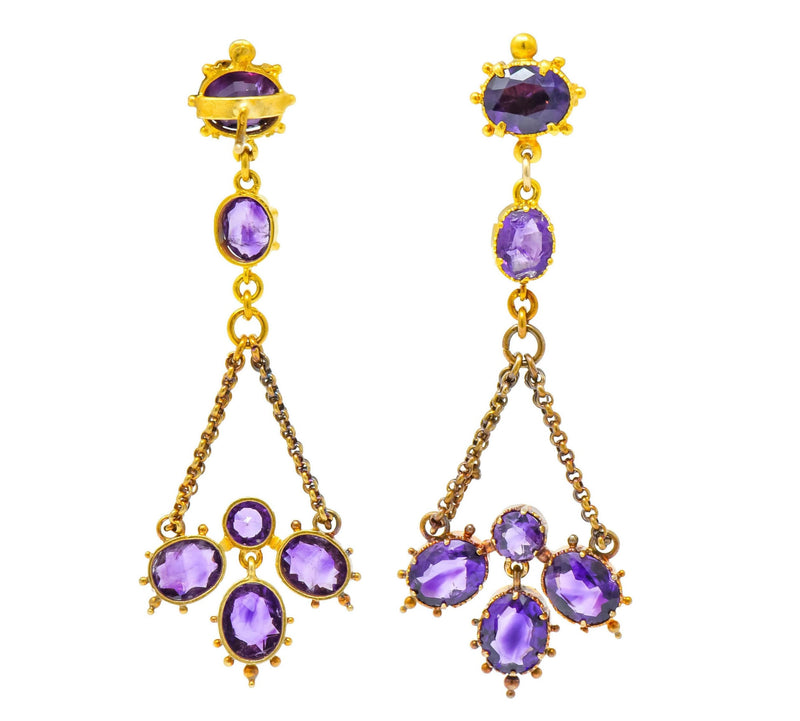 Victorian Etruscan Revival 4.52 CTW Amethyst 18 Karat Gold Chandelier Earrings Circa 1870's - Wilson's Estate Jewelry