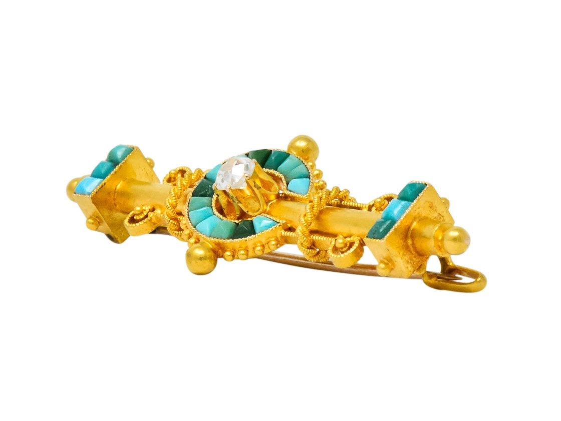 Victorian Etruscan Revival Diamond Turquoise 18 Karat Gold Brooch - Wilson's Estate Jewelry