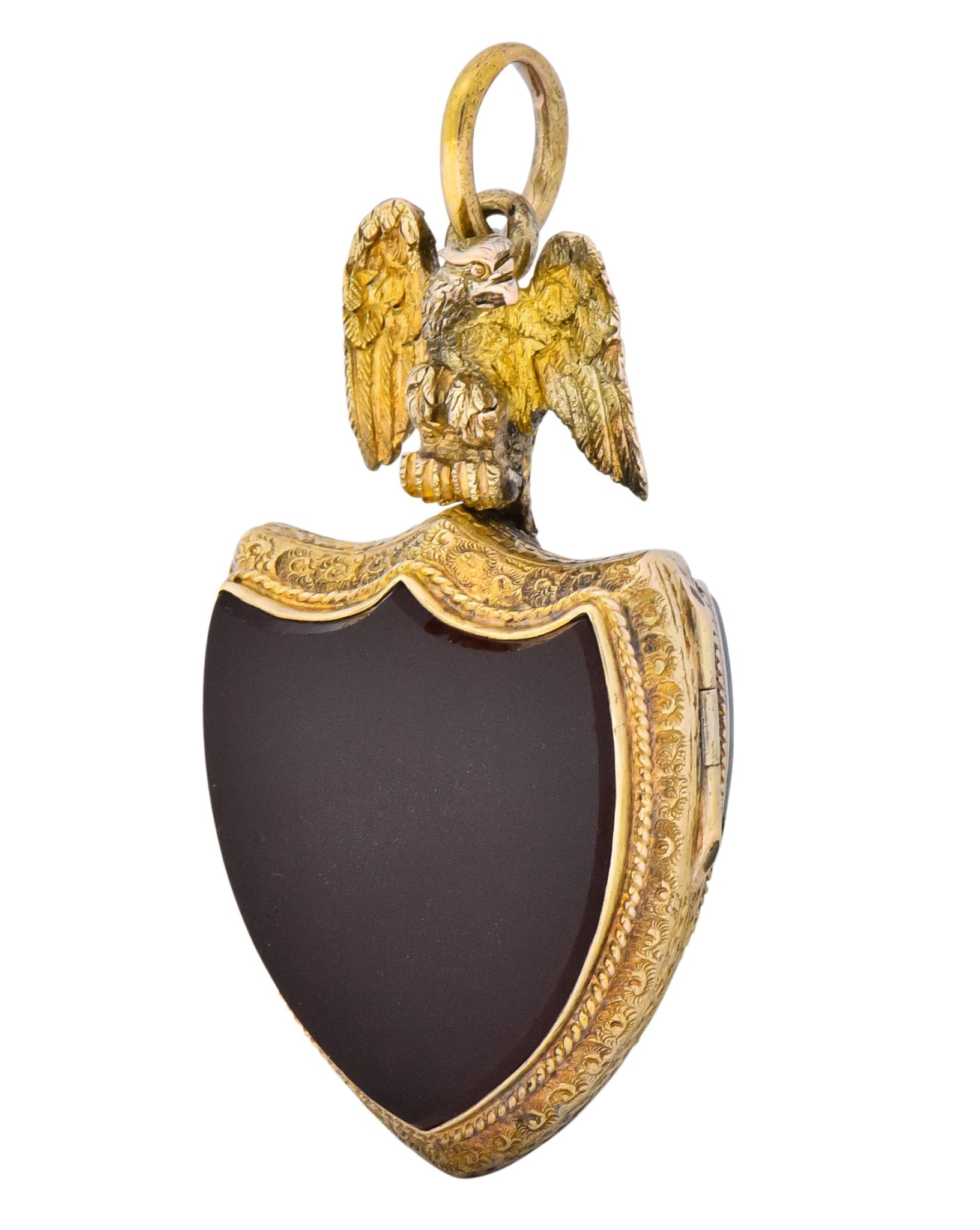Victorian Hardstone 9 Karat Gold Eagle Shield Locket - Wilson's Estate Jewelry