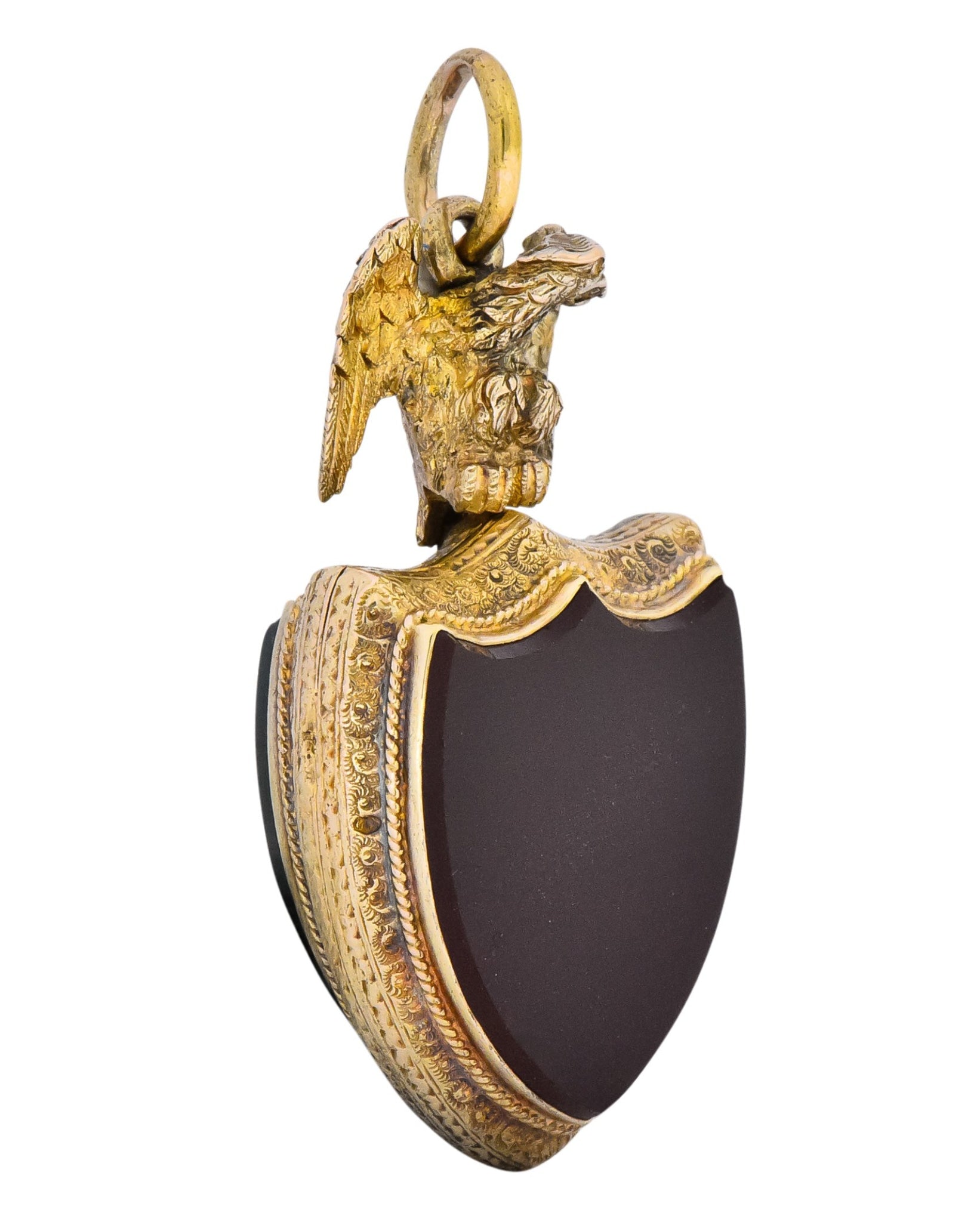 Victorian Hardstone 9 Karat Gold Eagle Shield Locket - Wilson's Estate Jewelry