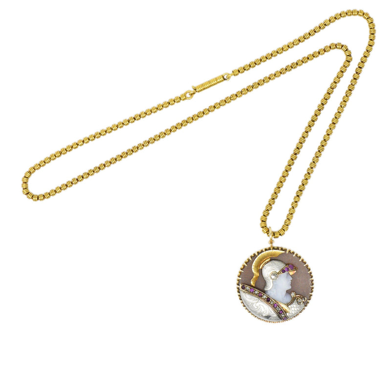 Victorian Hardstone Diamond Ruby Gold Roman Soldier Cameo Pendant Necklace Wilson's Estate Jewelry