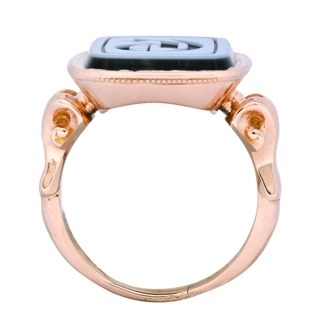 Victorian Hardstone Intaglio 14 Karat Rose Gold Lettered Signet Ring - Wilson's Estate Jewelry