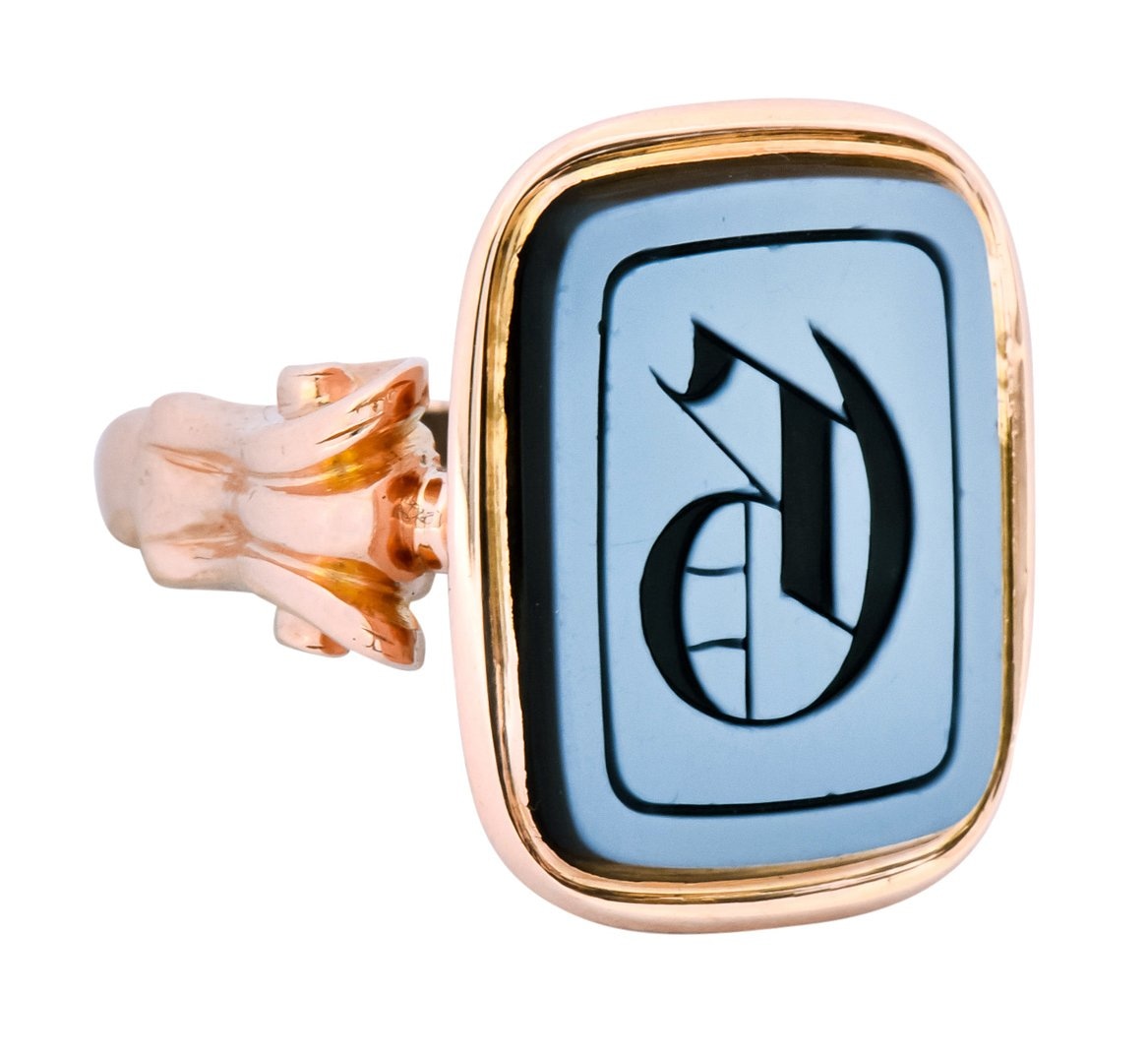 Victorian Hardstone Intaglio 14 Karat Rose Gold Lettered Signet Ring - Wilson's Estate Jewelry