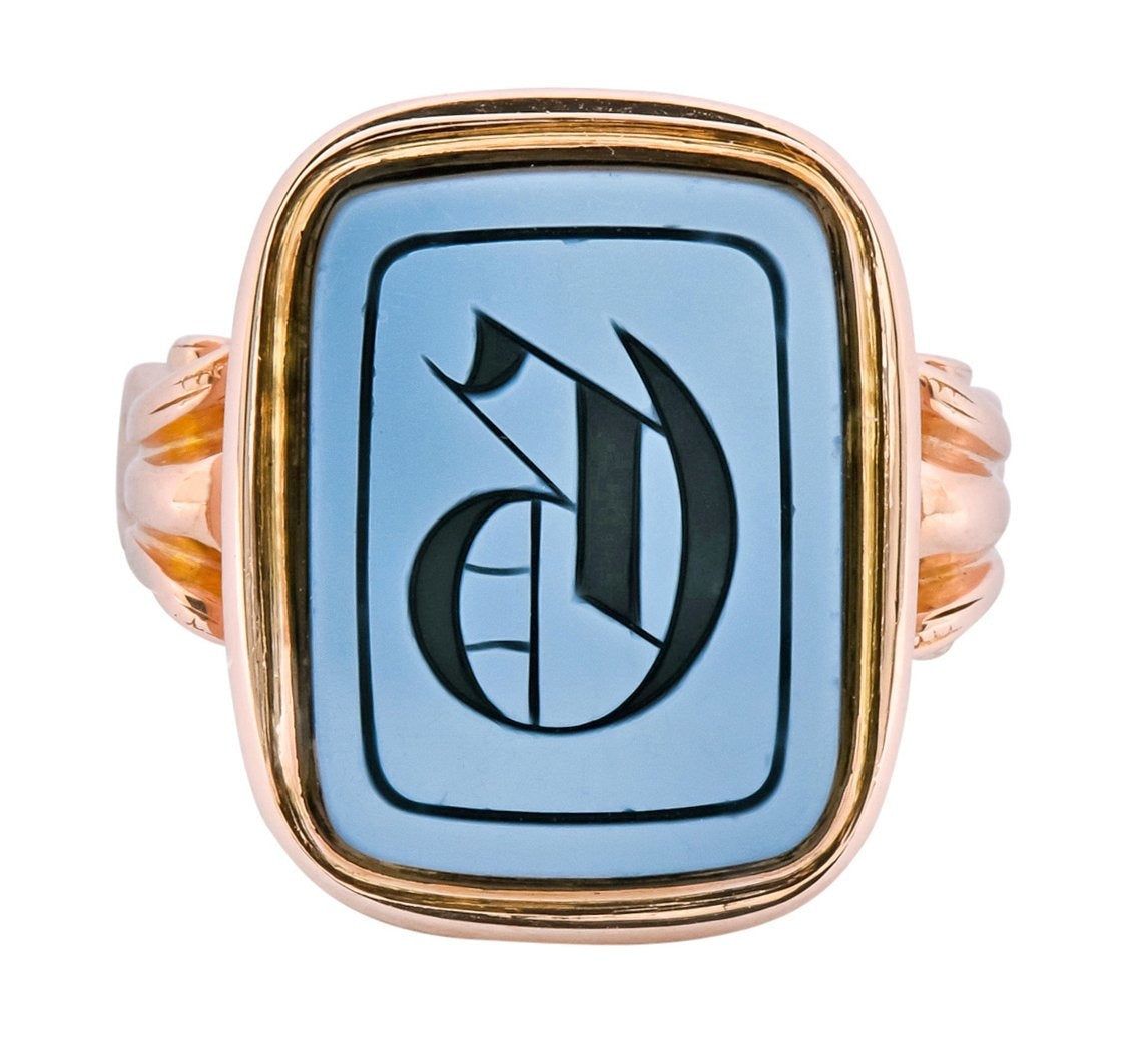 Victorian Hardstone Intaglio 14 Karat Rose Gold Lettered Signet Ring - Wilson's Estate Jewelry