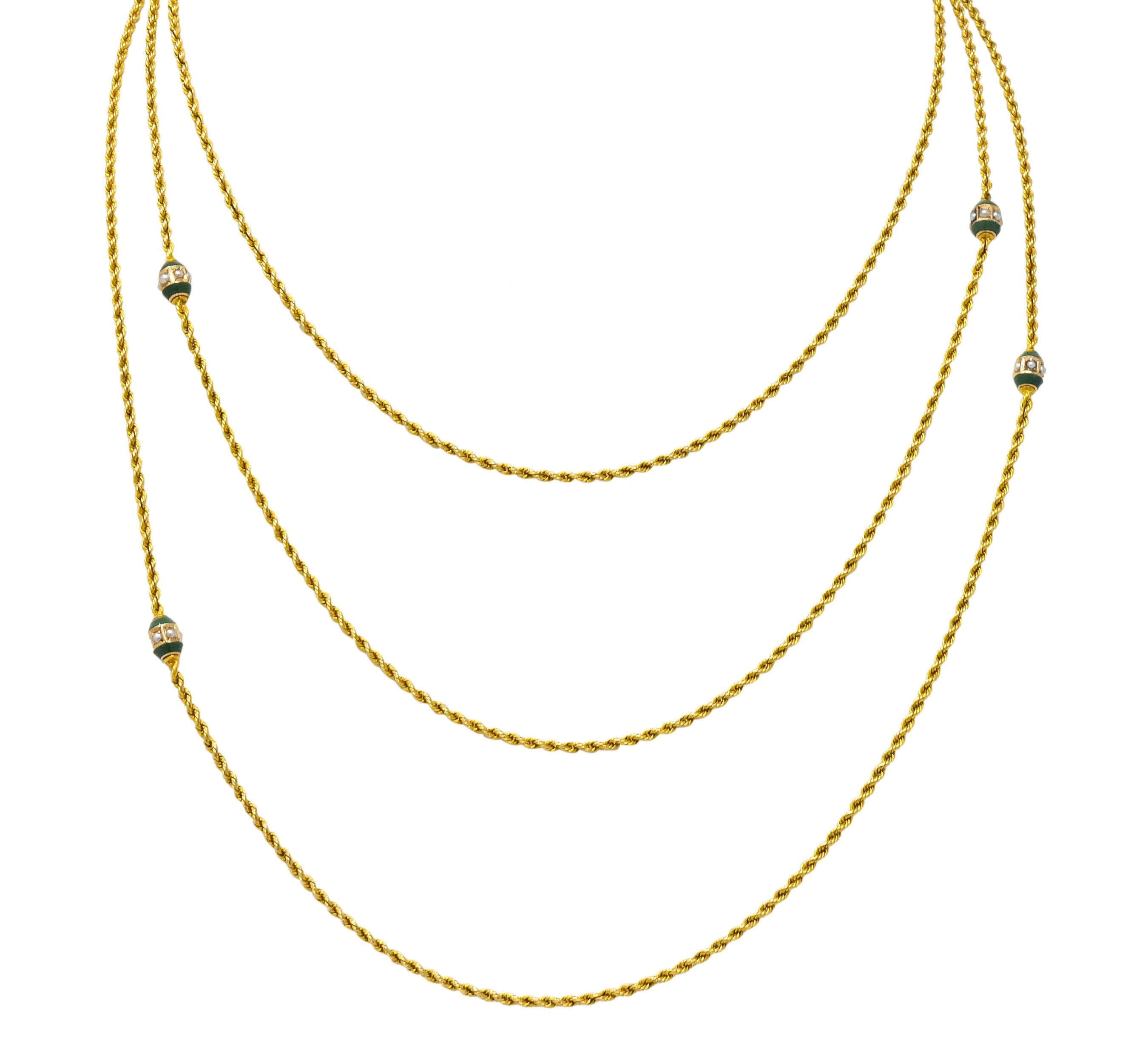 Victorian Jade Seed Pearl 14 Karat Gold 48 Inch Station Necklace - Wilson's Estate Jewelry