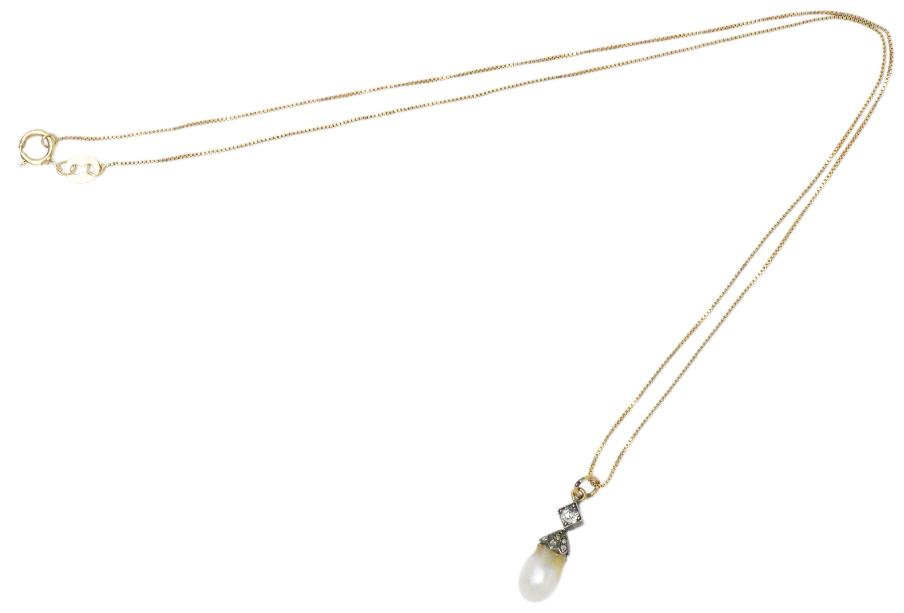 Victorian Natural Baroque Pearl Diamond Silver-Topped 14 Karat Gold Pendant Necklace Wilson's Estate Jewelry