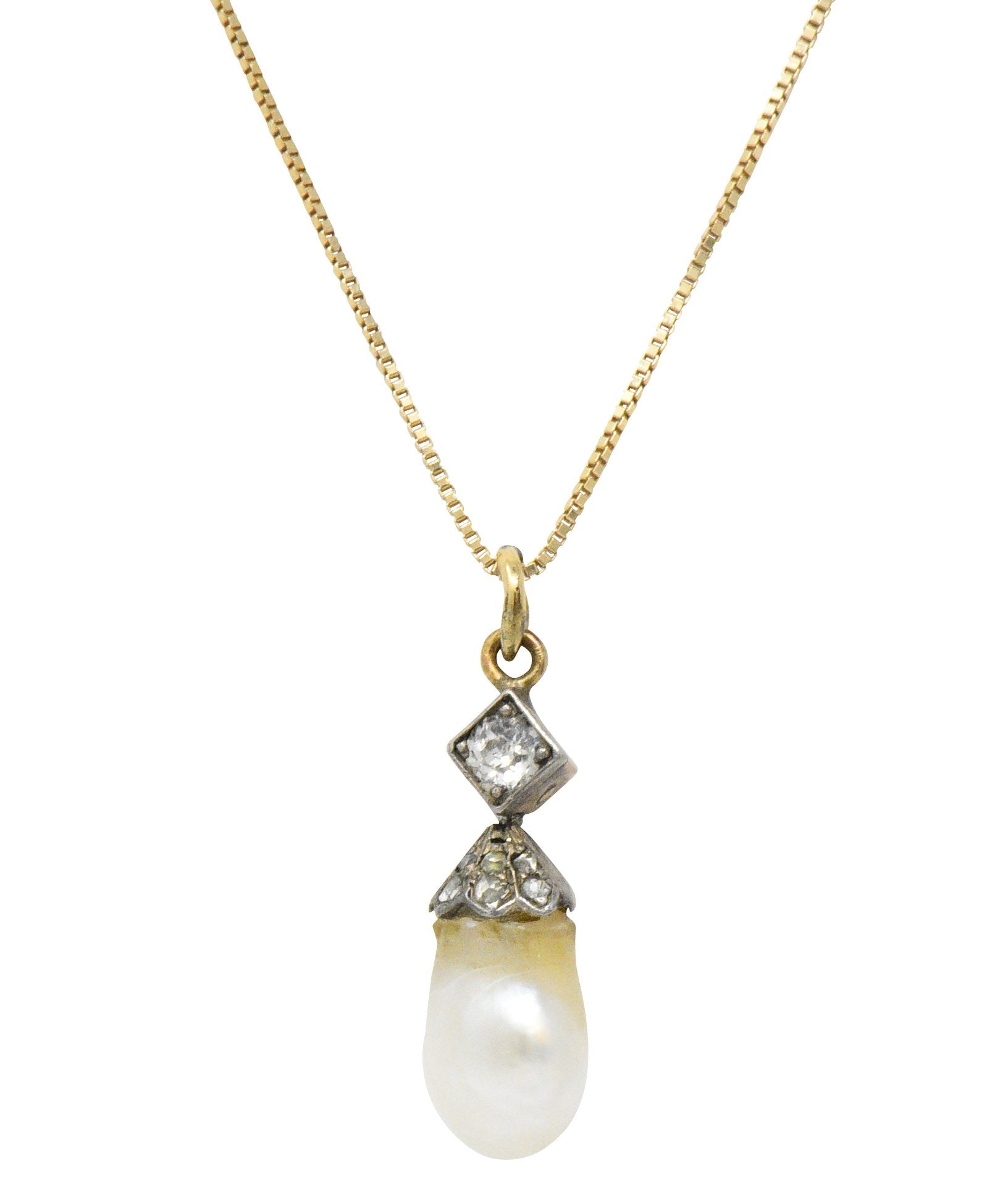Victorian Natural Baroque Pearl Diamond Silver-Topped 14 Karat Gold Pendant Necklace Wilson's Estate Jewelry