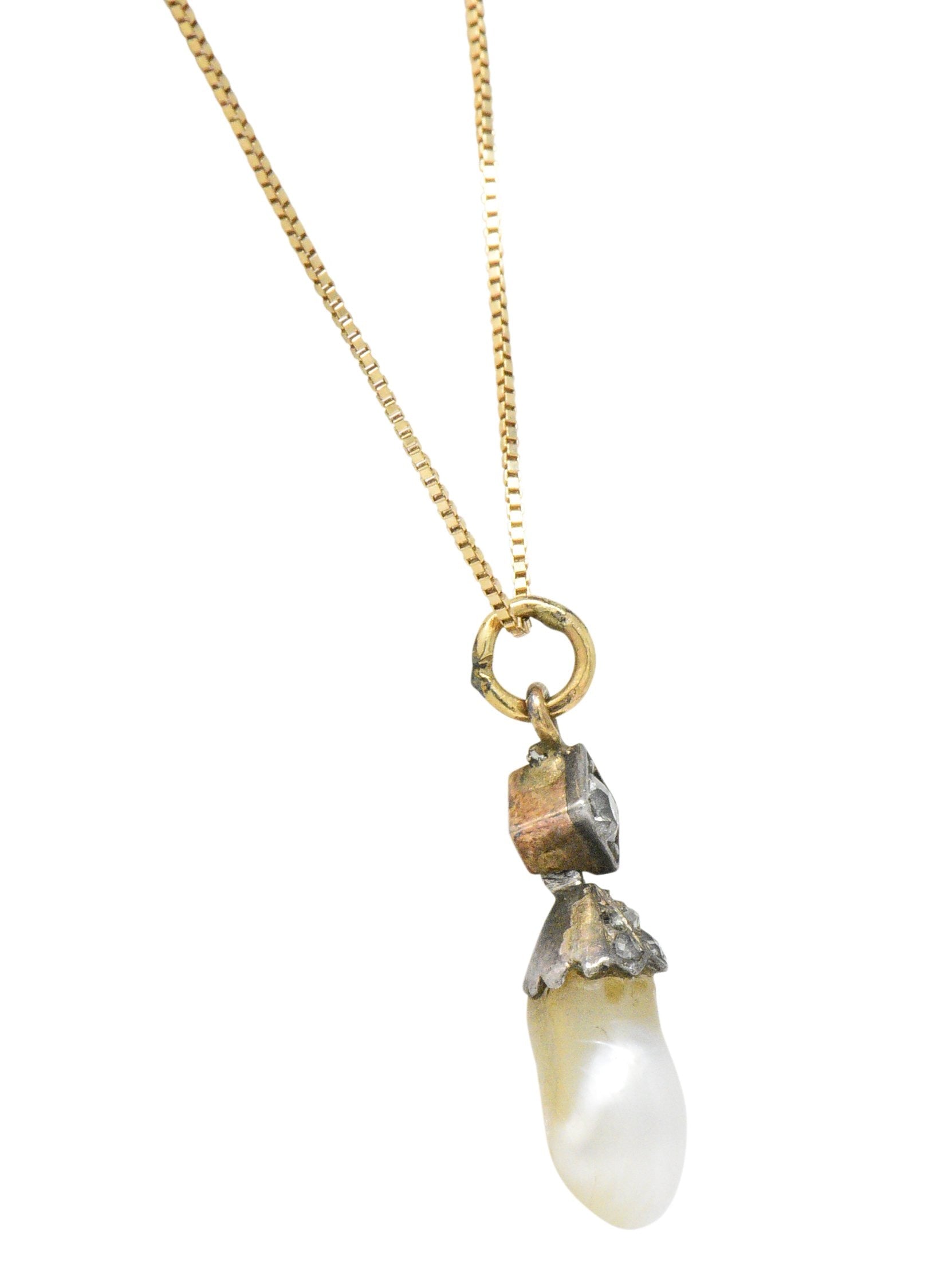 Victorian Natural Baroque Pearl Diamond Silver-Topped 14 Karat Gold Pendant Necklace Wilson's Estate Jewelry