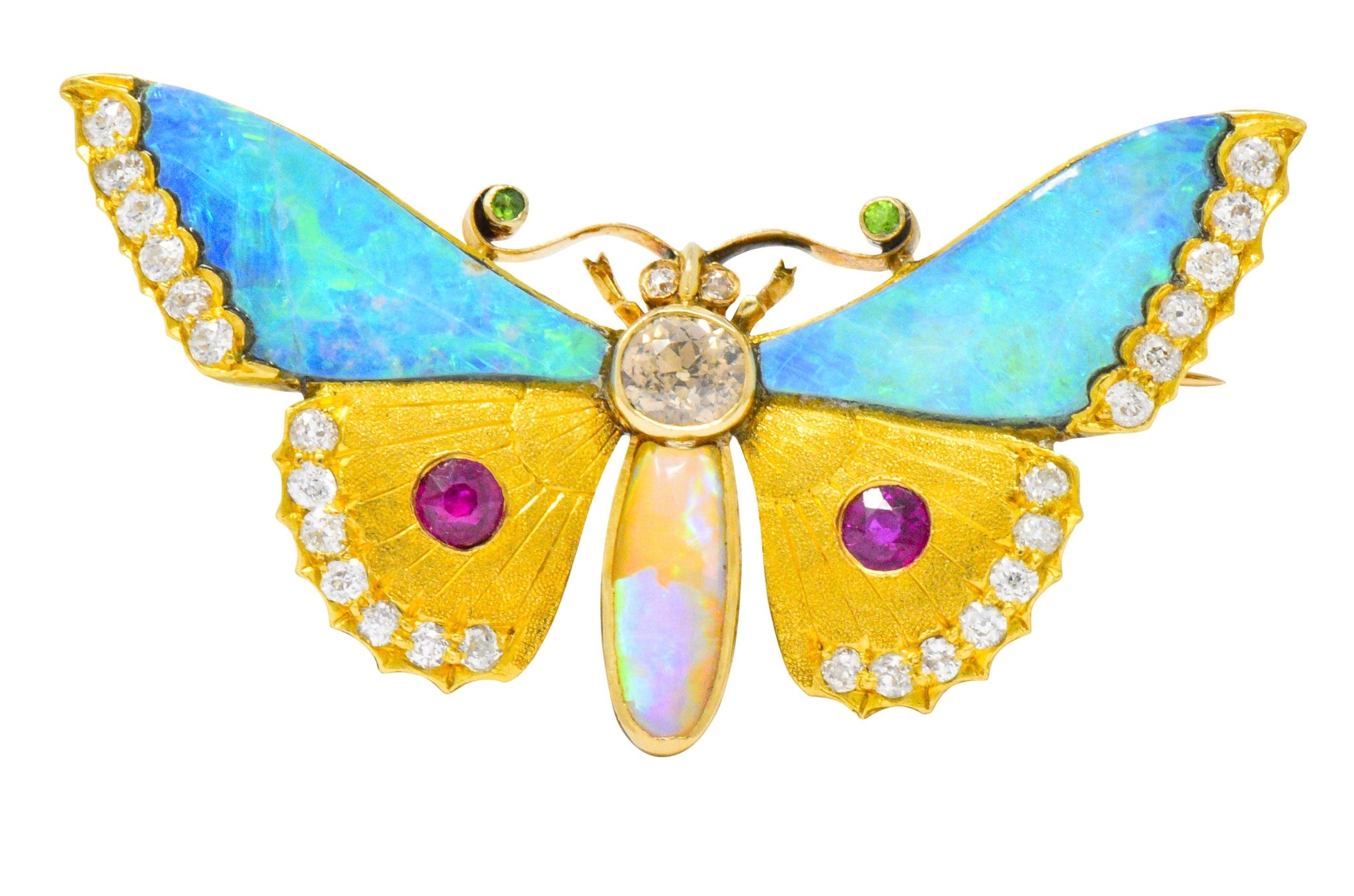 Victorian Opal Diamond Ruby Demantoid Garnet 14 Karat Gold Butterfly Brooch Wilson's Estate Jewelry