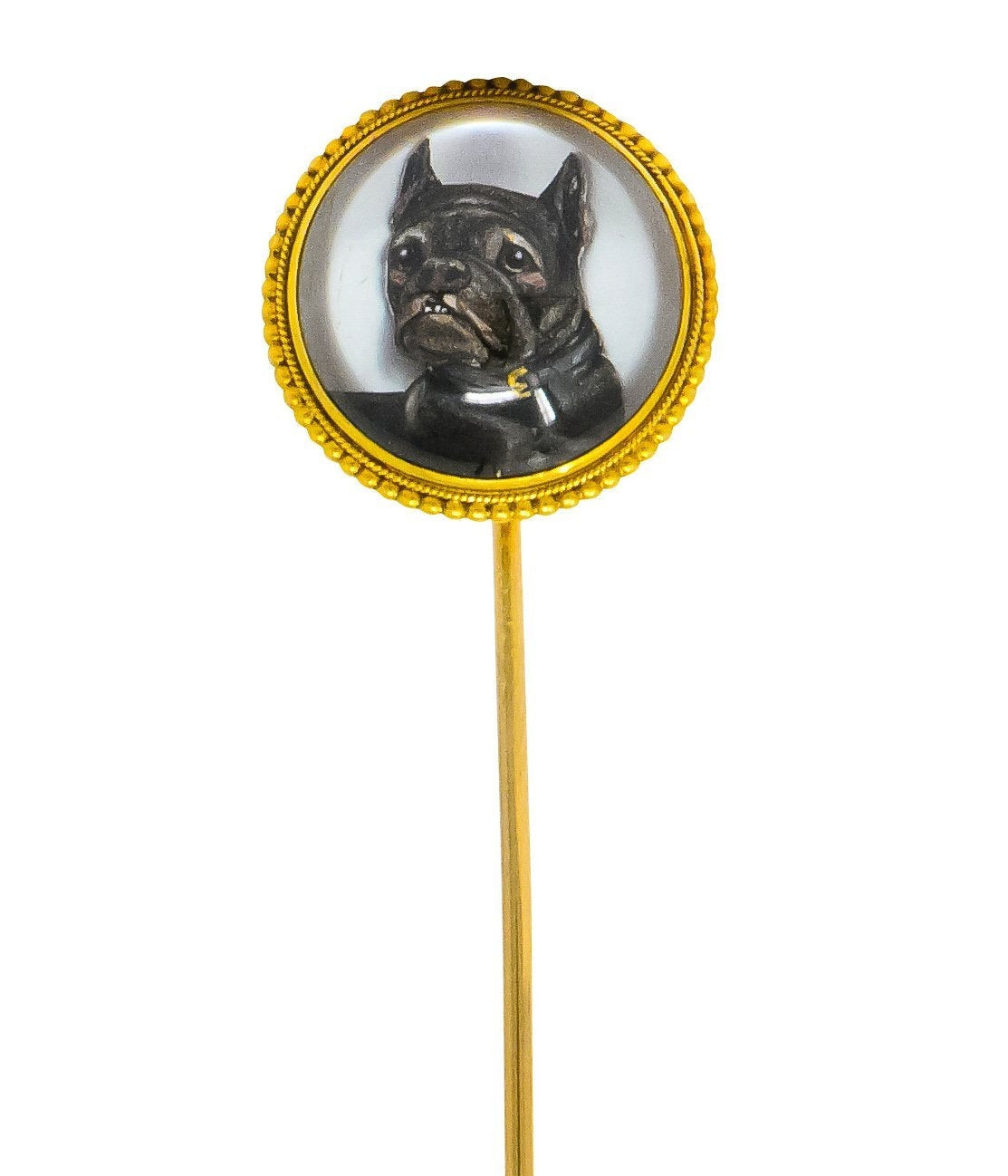 Victorian Painted Reverse Carved Rock Crystal 18 Karat Gold French Bulldog English Stickpin - Wilson's Estate Jewelry