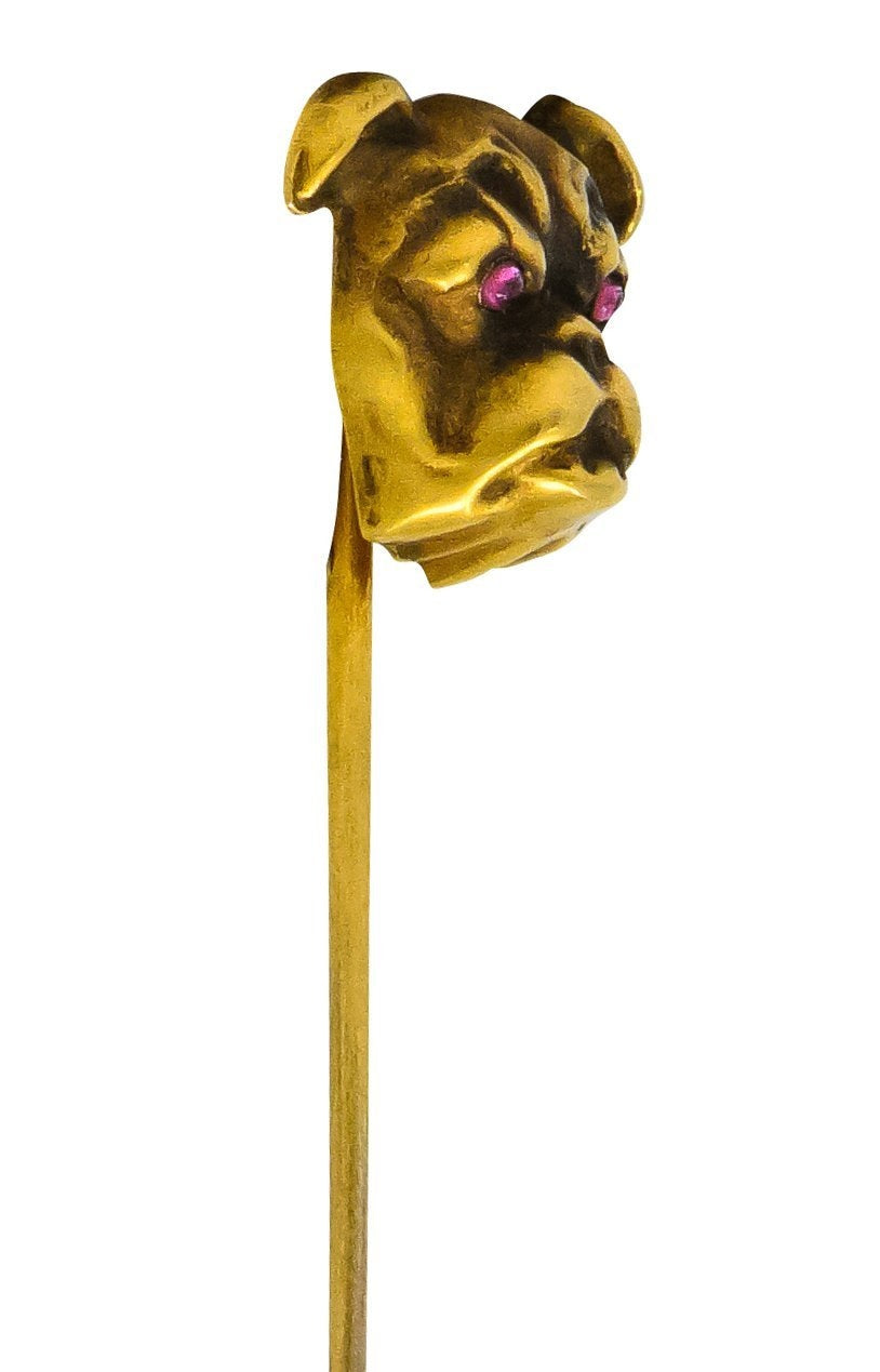 Victorian Ruby 10 Karat Yellow Gold Bulldog Stickpin - Wilson's Estate Jewelry