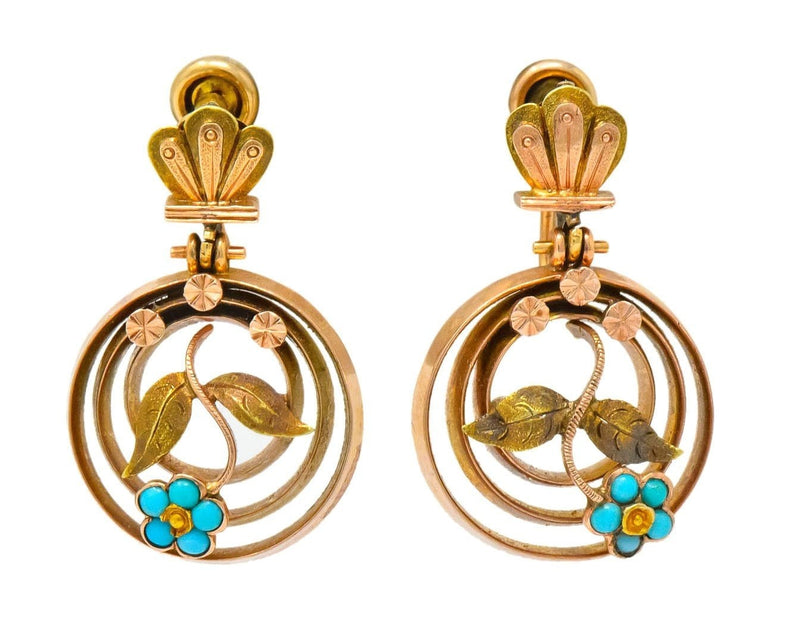 Victorian Turquoise 10 Karat Tri-Gold Floral Earrings - Wilson's Estate Jewelry