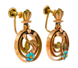 Victorian Turquoise 10 Karat Tri-Gold Floral Earrings - Wilson's Estate Jewelry