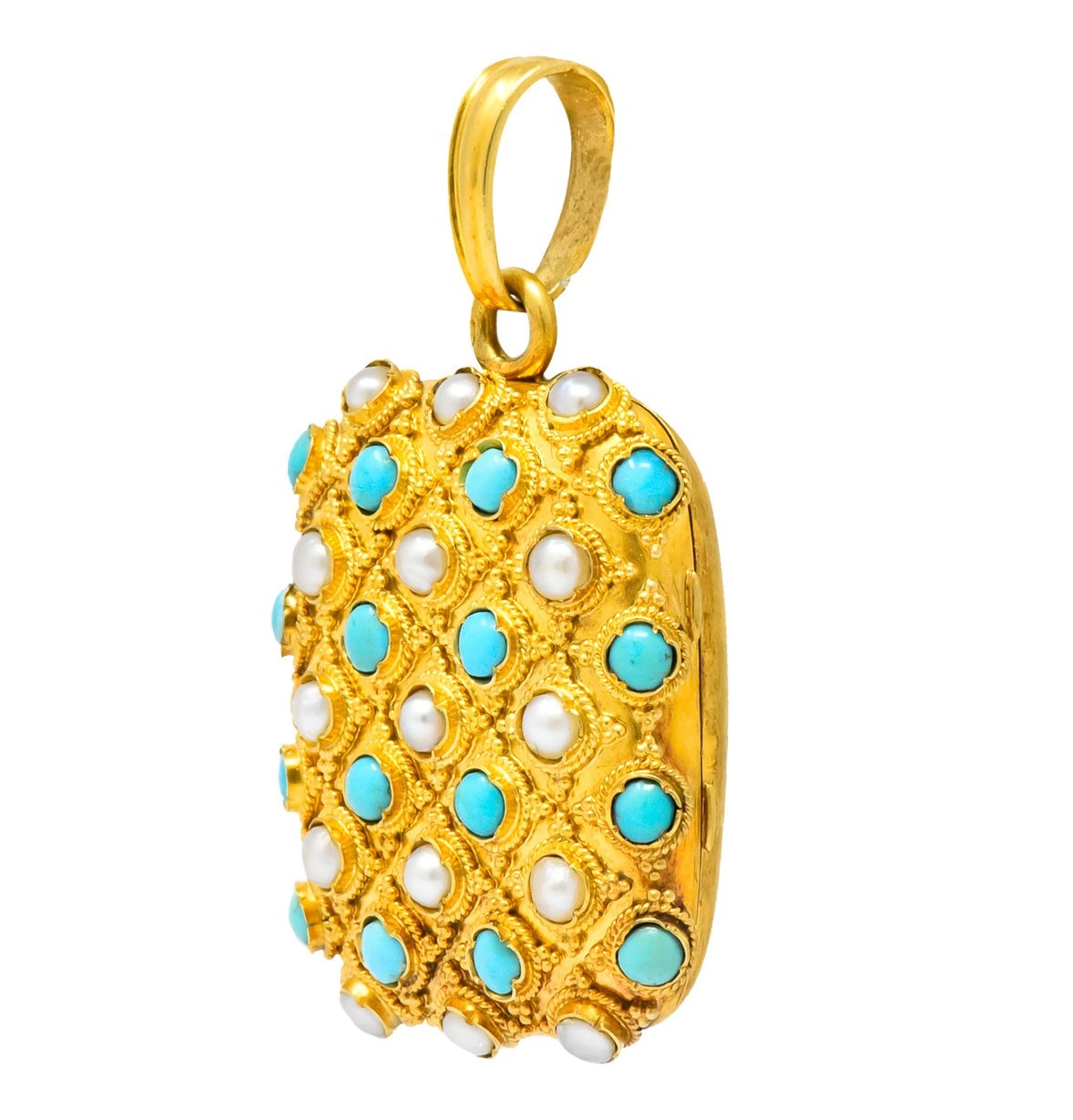 Victorian Turquoise Pearl 18 Karat Gold French Locket Pendant - Wilson's Estate Jewelry