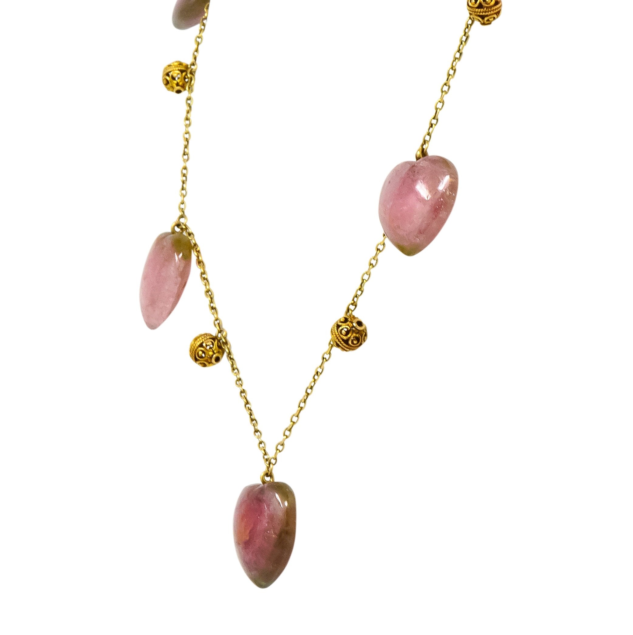 Victorian Watermelon Tourmaline 14 Karat Gold Heart Station Necklace Wilson's Estate Jewelry