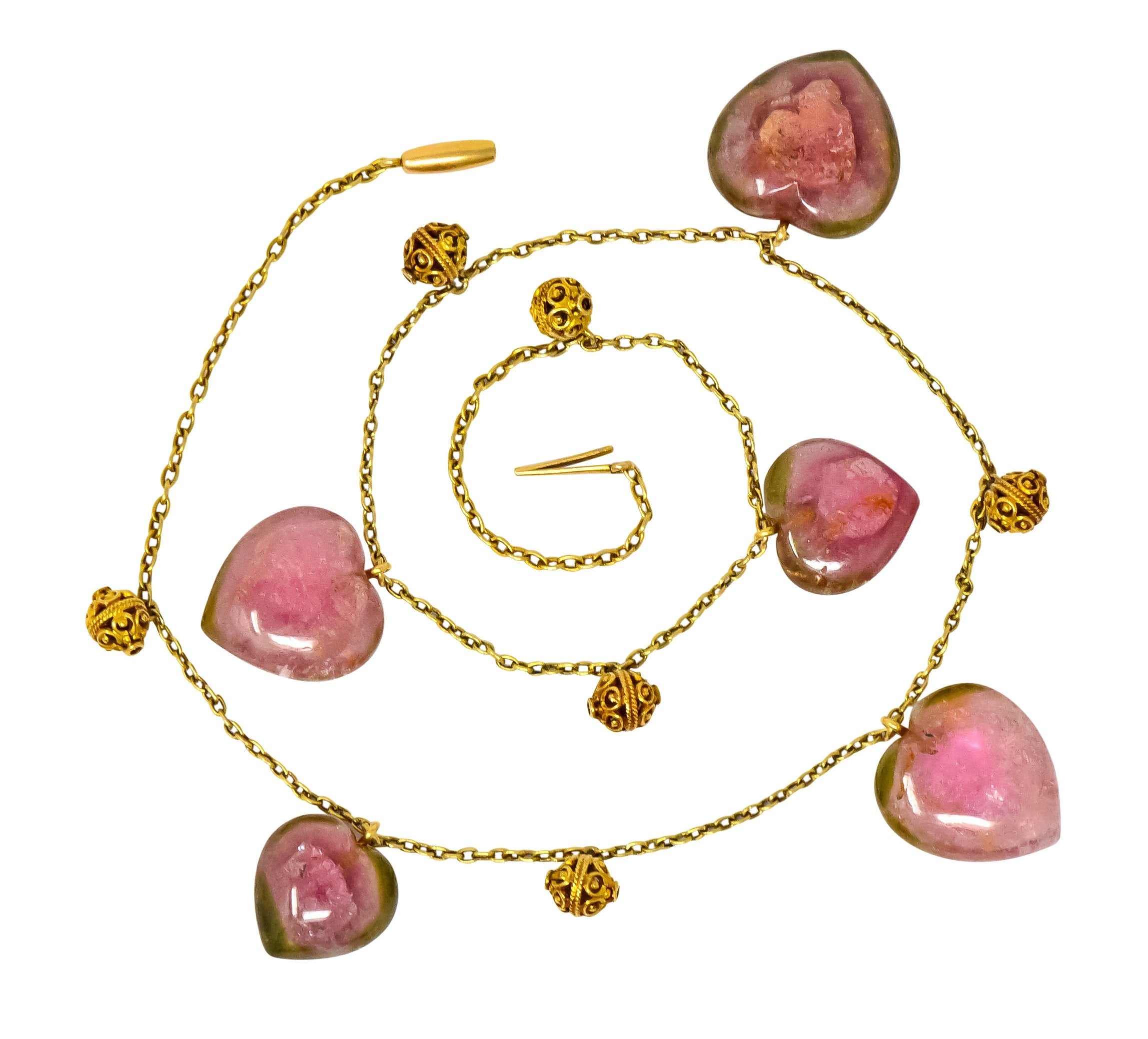 Victorian Watermelon Tourmaline 14 Karat Gold Heart Station Necklace Wilson's Estate Jewelry