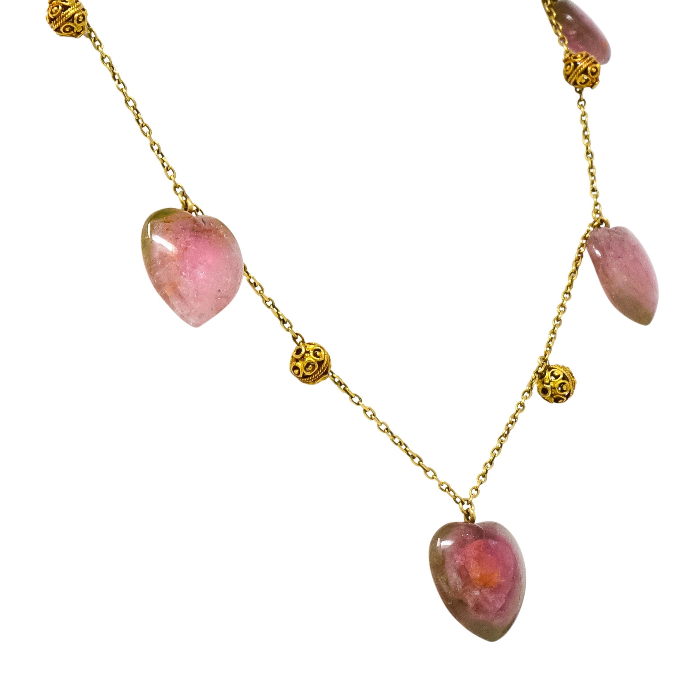Victorian Watermelon Tourmaline 14 Karat Gold Heart Station Necklace Wilson's Estate Jewelry