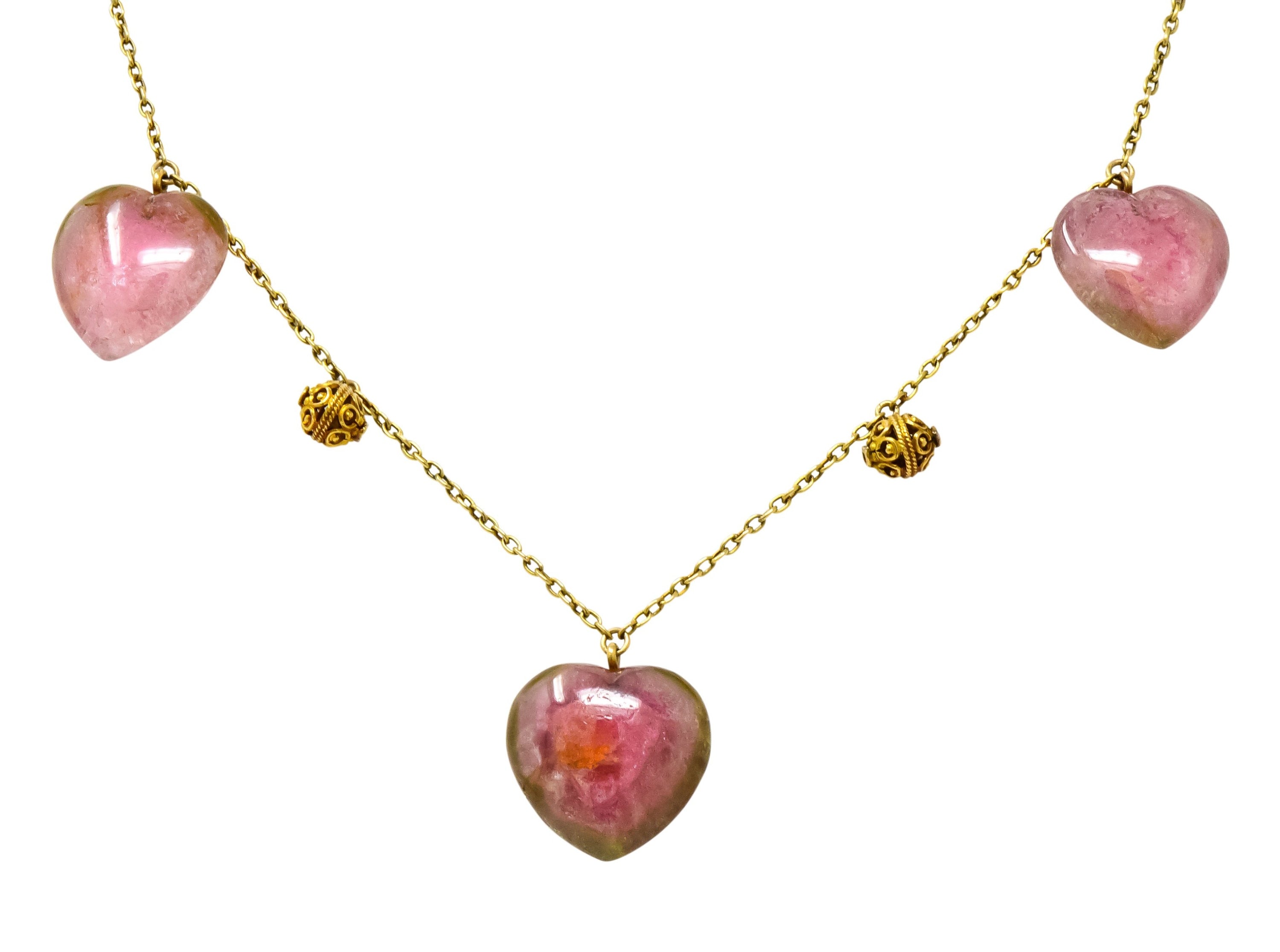 Victorian Watermelon Tourmaline 14 Karat Gold Heart Station Necklace Wilson's Estate Jewelry