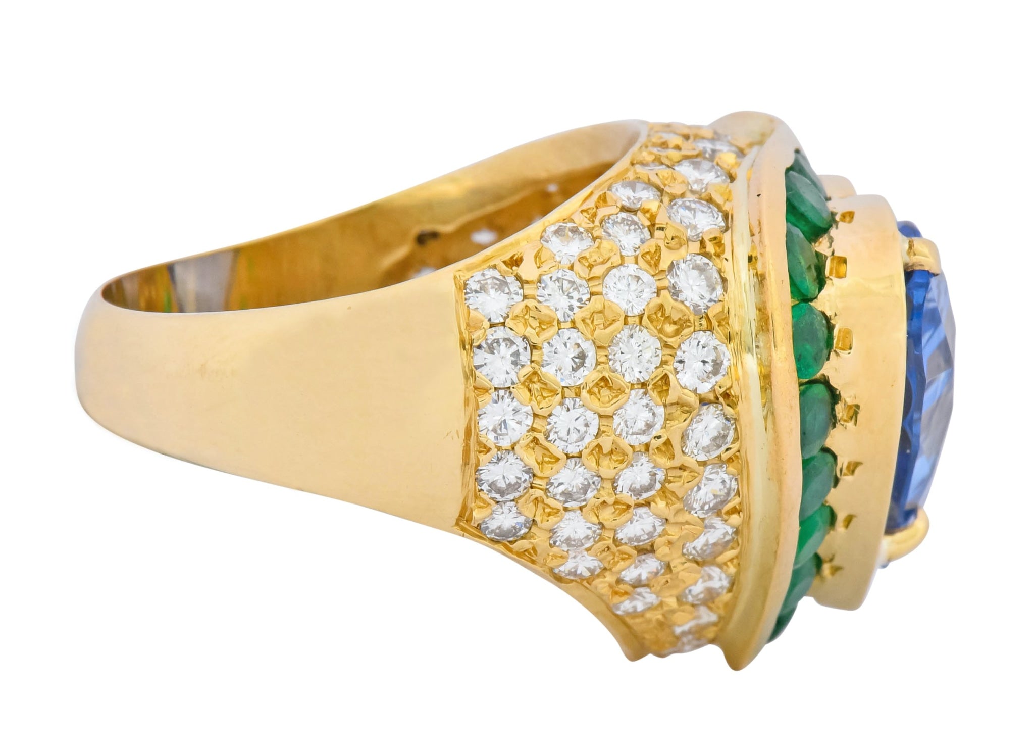 Vintage 14.09 CTW Sapphire Diamond Emerald 18 Karat Gold Heart Cocktail Ring - Wilson's Estate Jewelry