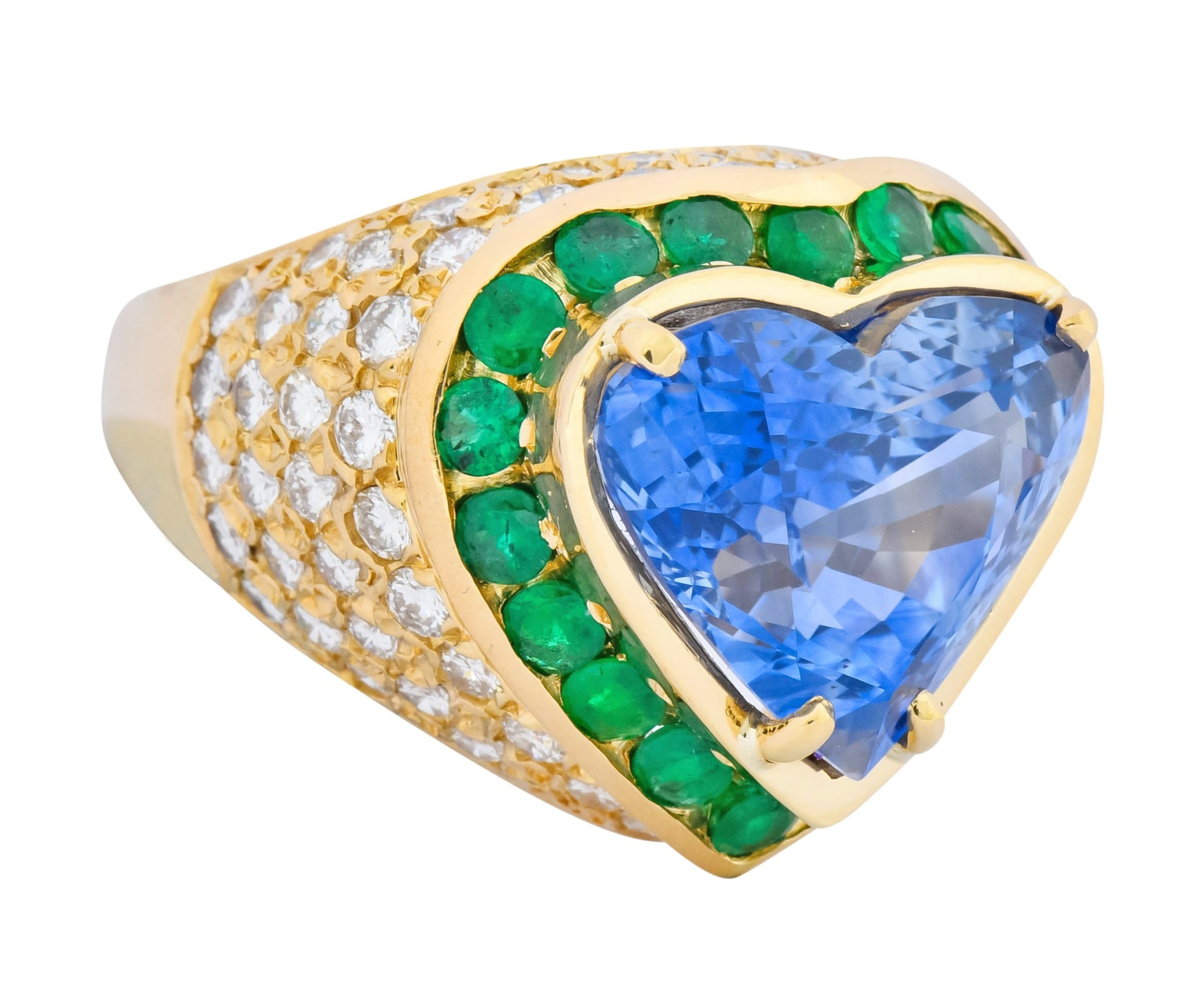 Vintage 14.09 CTW Sapphire Diamond Emerald 18 Karat Gold Heart Cocktail Ring - Wilson's Estate Jewelry