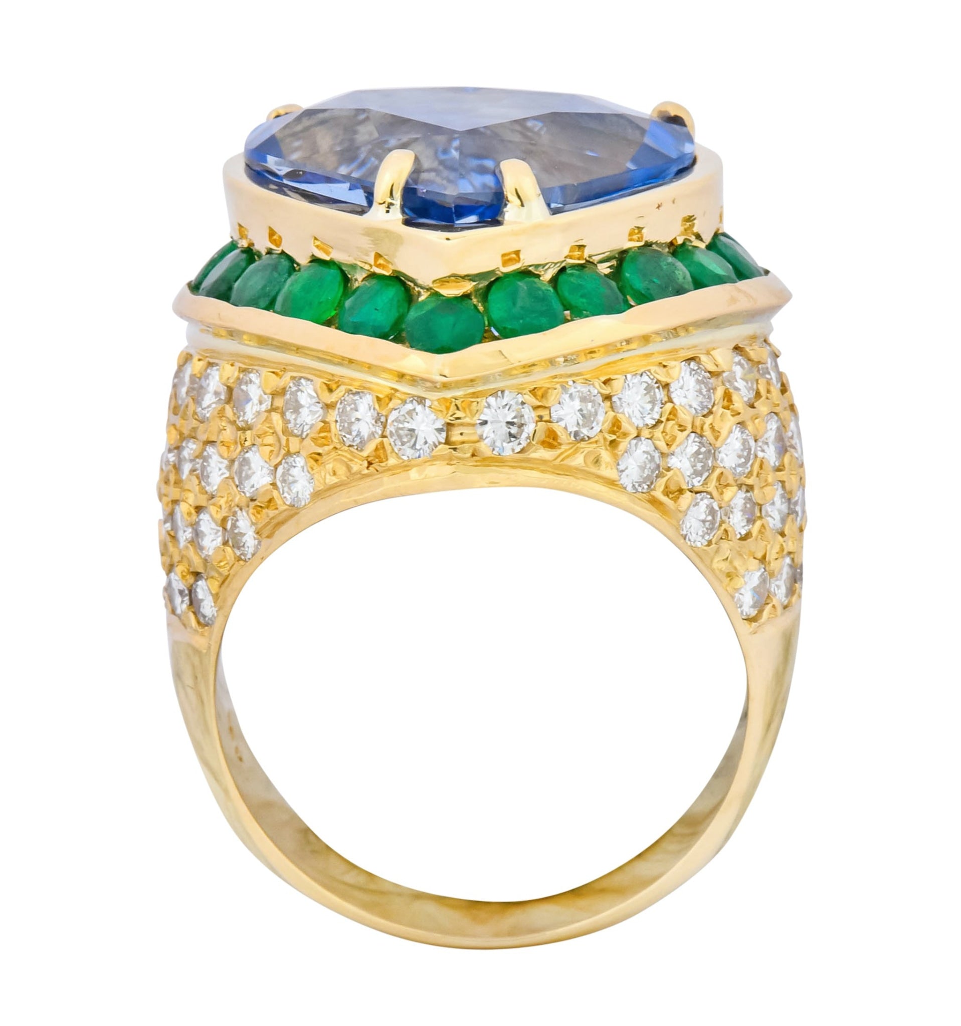 Vintage 14.09 CTW Sapphire Diamond Emerald 18 Karat Gold Heart Cocktail Ring - Wilson's Estate Jewelry