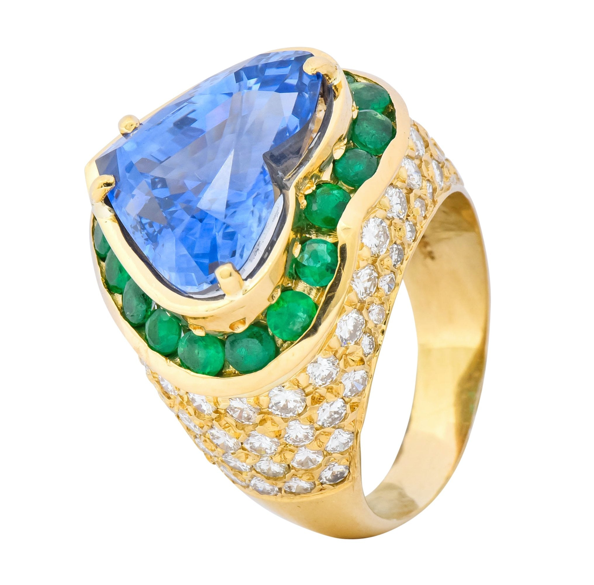 Vintage 14.09 CTW Sapphire Diamond Emerald 18 Karat Gold Heart Cocktail Ring - Wilson's Estate Jewelry