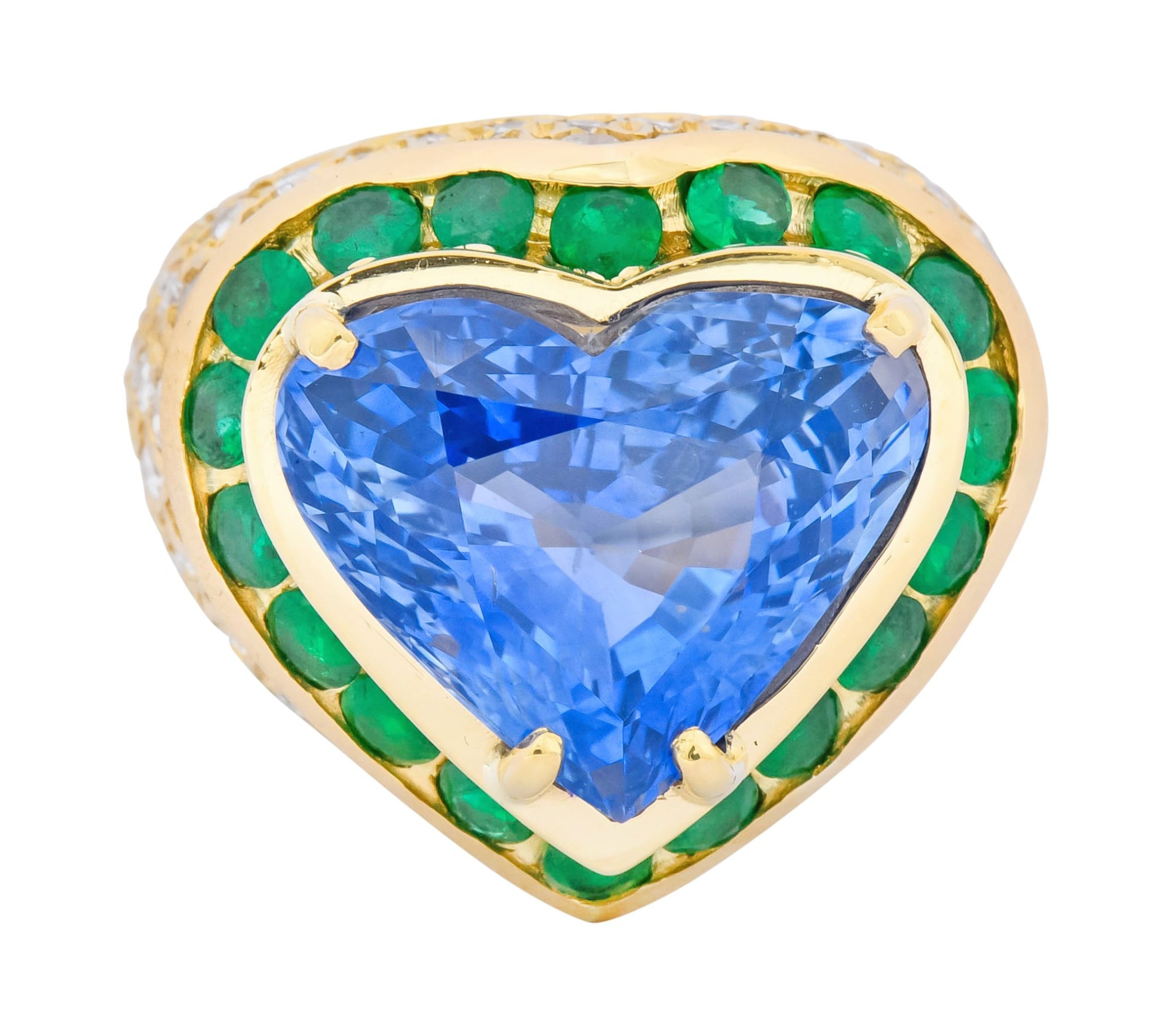 Vintage 14.09 CTW Sapphire Diamond Emerald 18 Karat Gold Heart Cocktail Ring - Wilson's Estate Jewelry