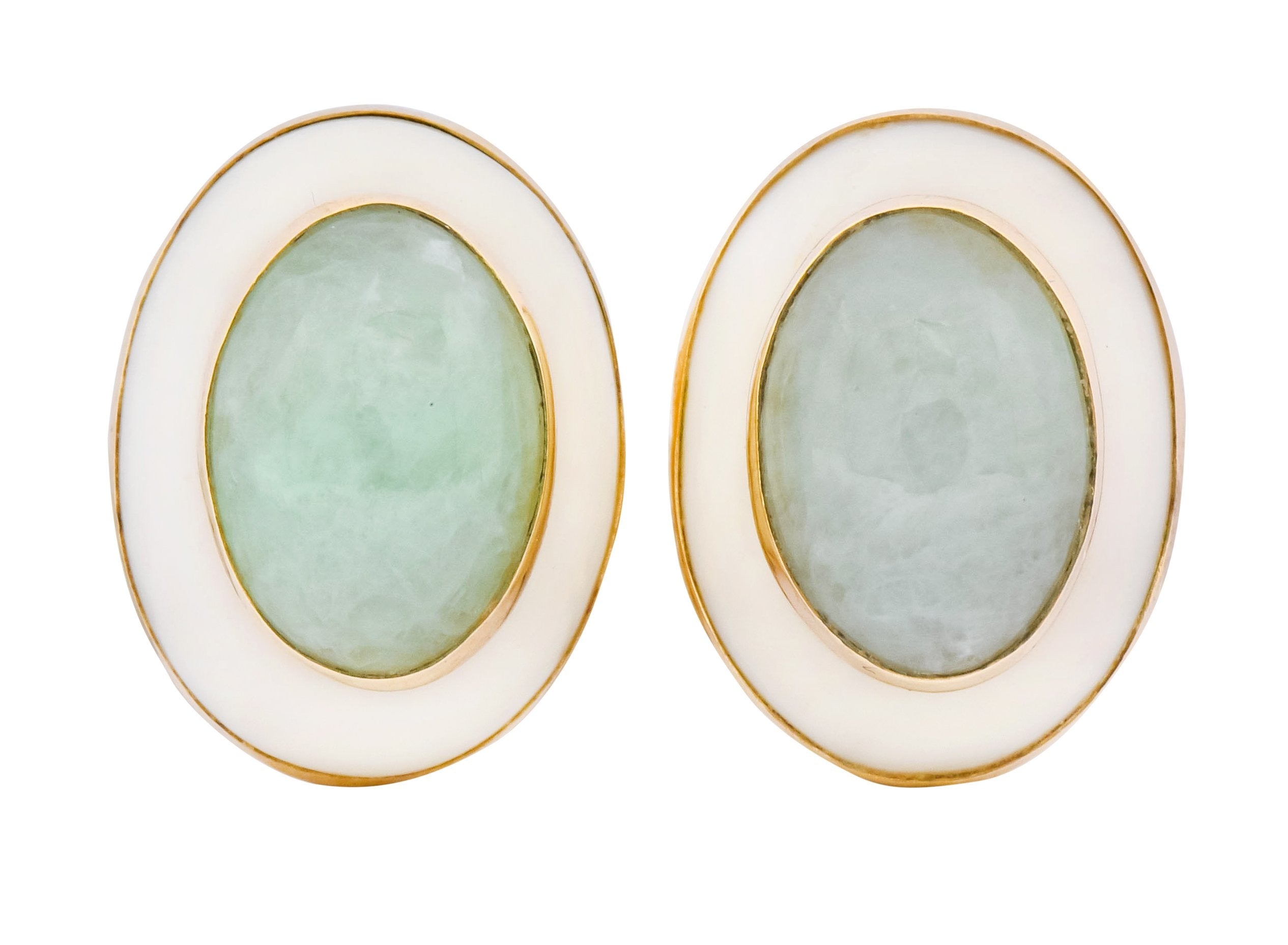 Vintage 1990's Jade Coral Cabochon 14 Karat Gold Earrings - Wilson's Estate Jewelry
