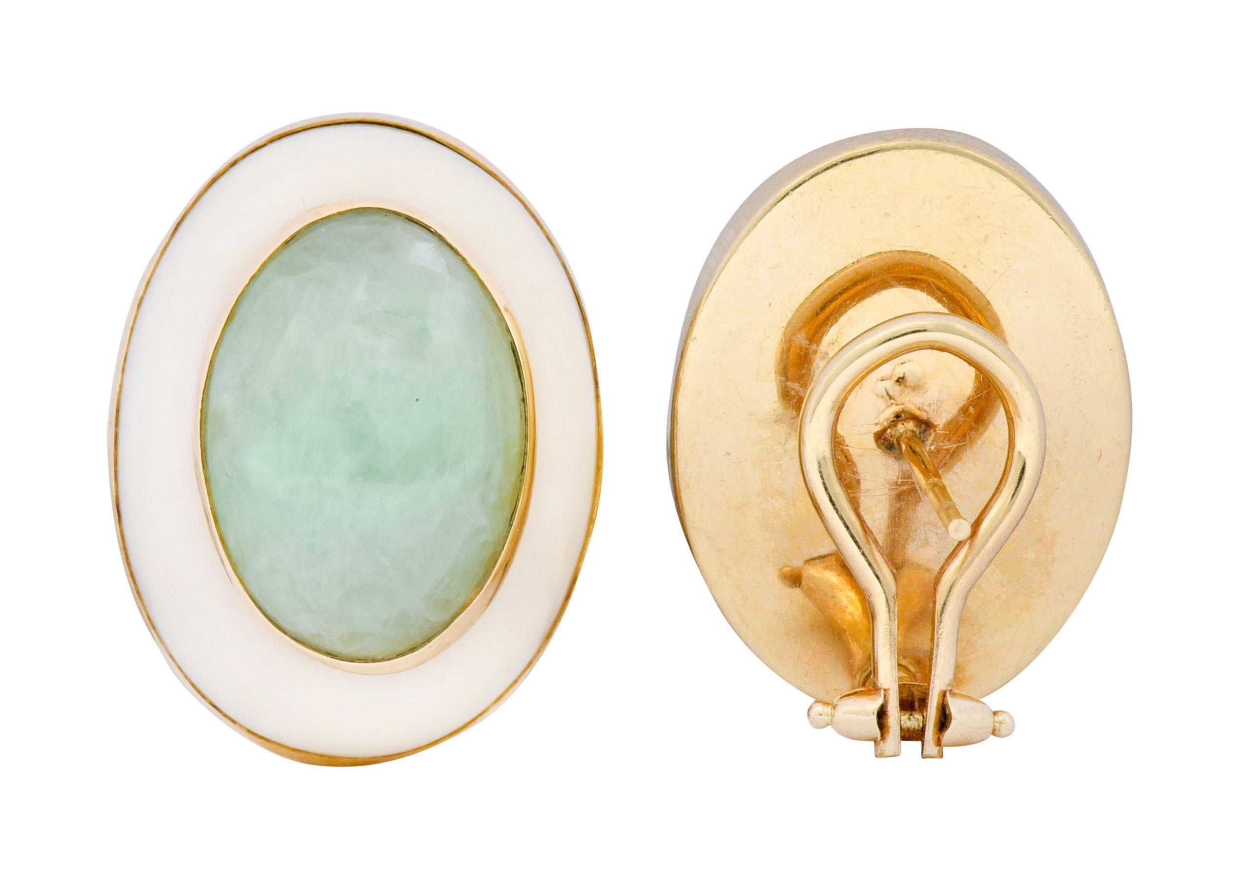 Vintage 1990's Jade Coral Cabochon 14 Karat Gold Earrings - Wilson's Estate Jewelry