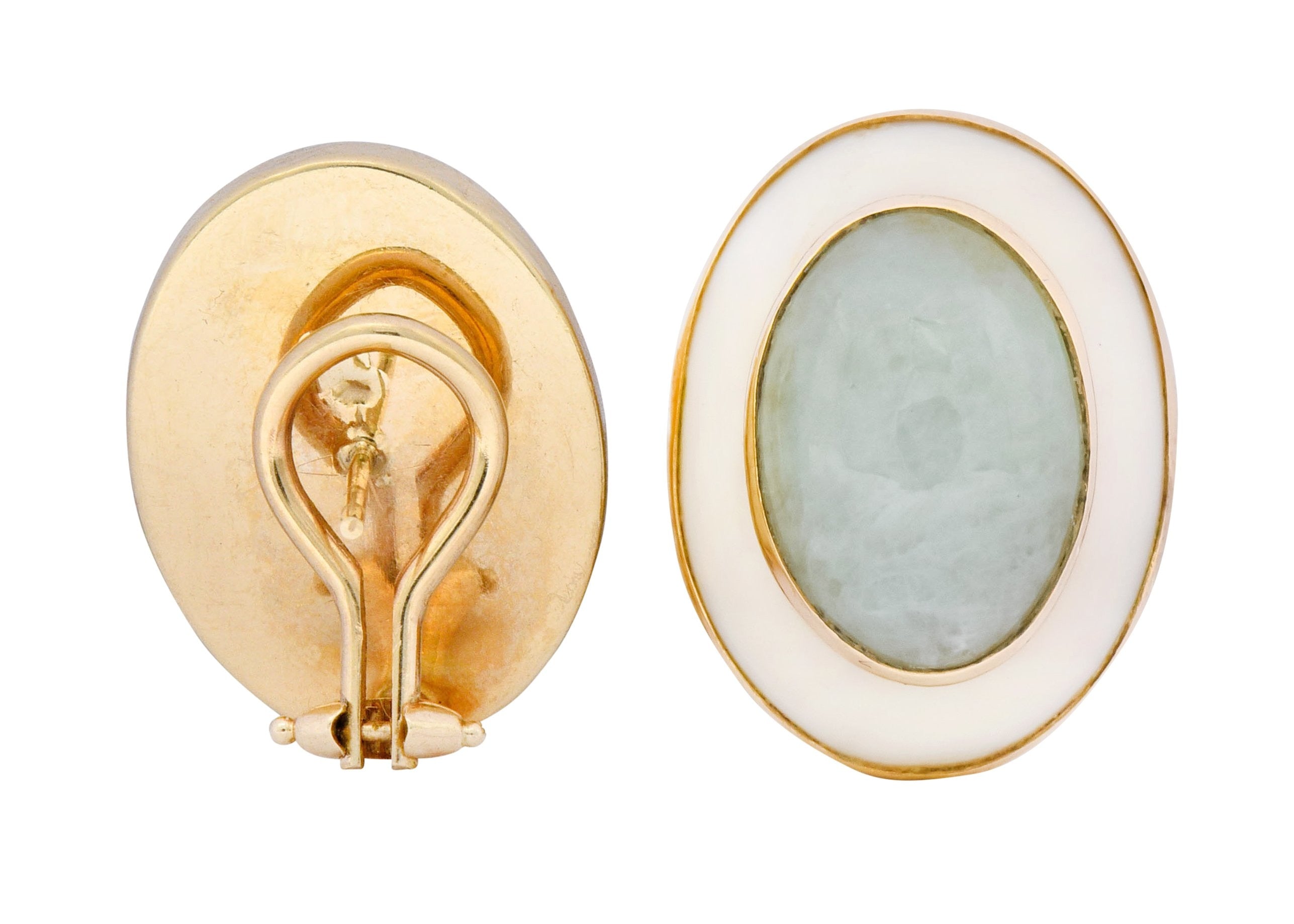 Vintage 1990's Jade Coral Cabochon 14 Karat Gold Earrings - Wilson's Estate Jewelry
