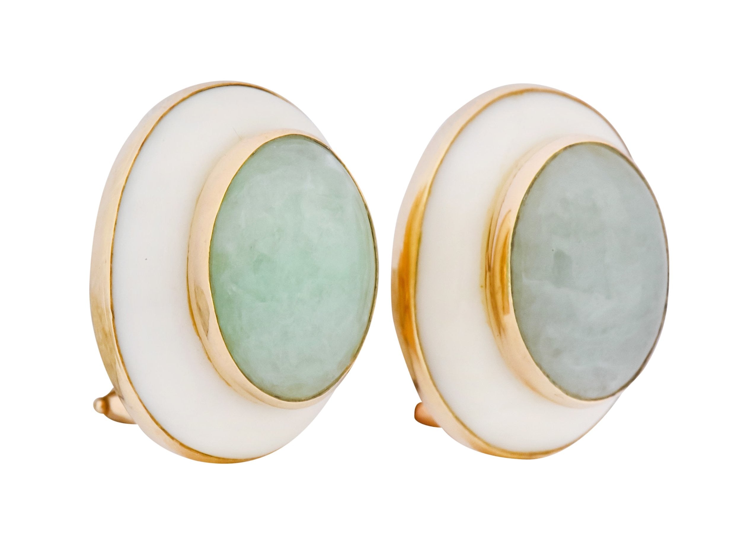 Vintage 1990's Jade Coral Cabochon 14 Karat Gold Earrings - Wilson's Estate Jewelry