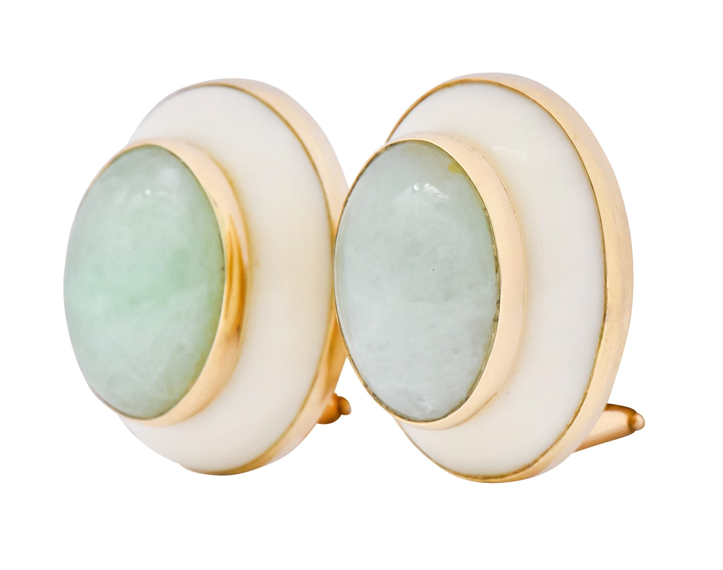 Vintage 1990's Jade Coral Cabochon 14 Karat Gold Earrings - Wilson's Estate Jewelry