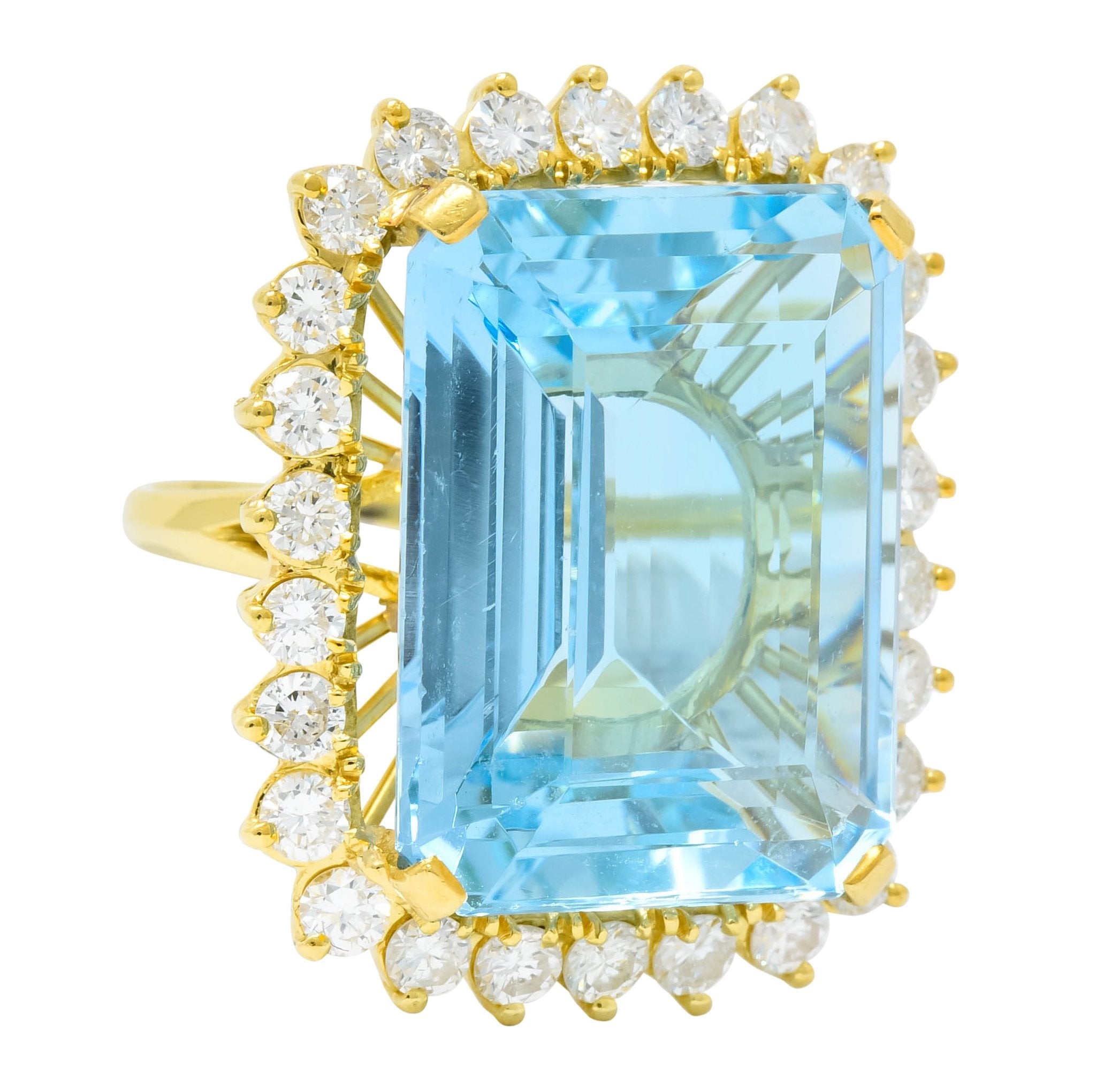 Vintage 30.50 CTW Aquamarine Diamond 18 Karat Gold Cluster Cocktail Ring - Wilson's Estate Jewelry
