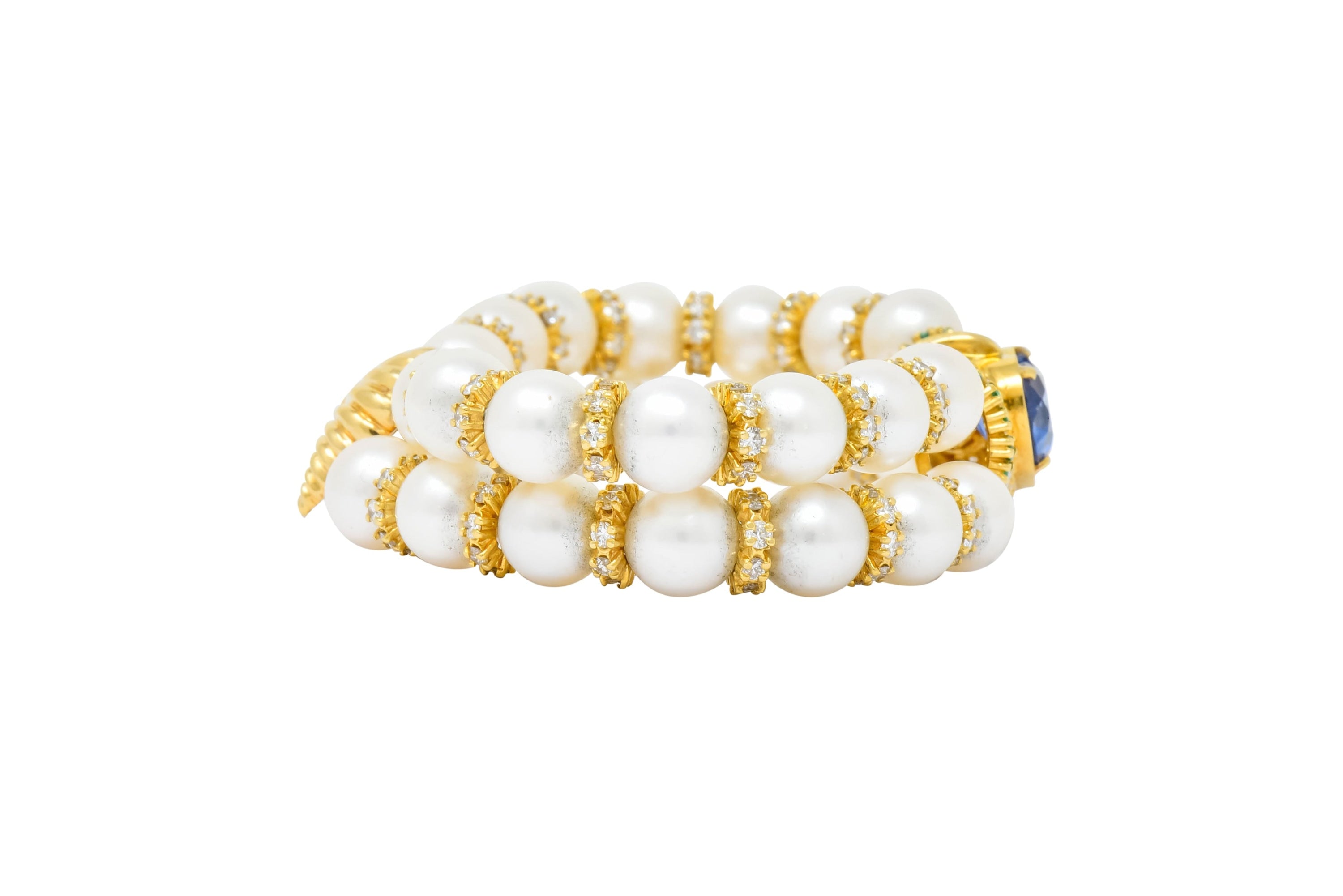 Vintage 35.50 CTW Sapphire Emerald Diamond Pearl 18 Karat Gold Heart Bracelet - Wilson's Estate Jewelry