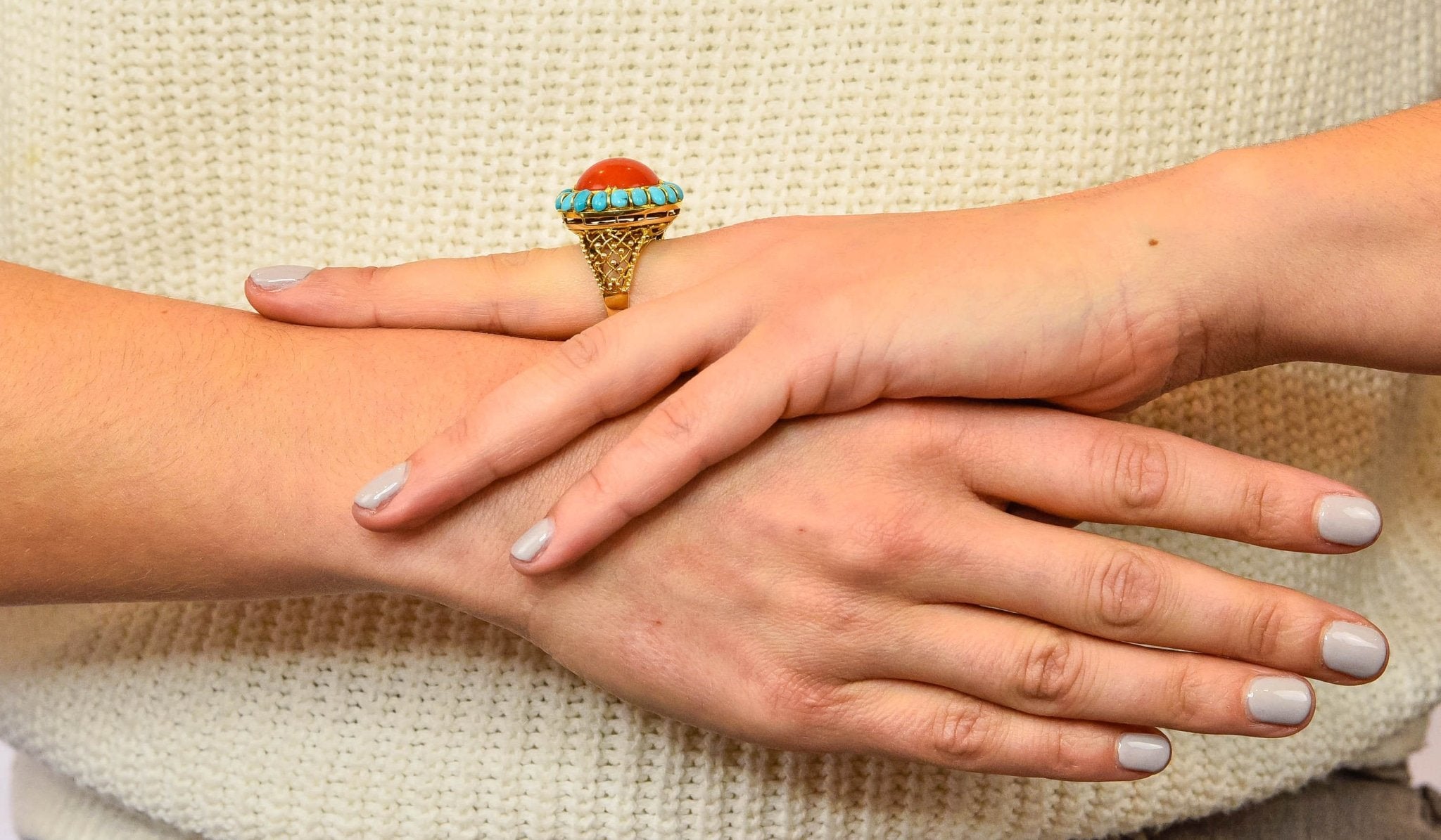 Vintage Coral Turquoise 14 Karat Gold Cluster Ring Circa 1960 - Wilson's Estate Jewelry