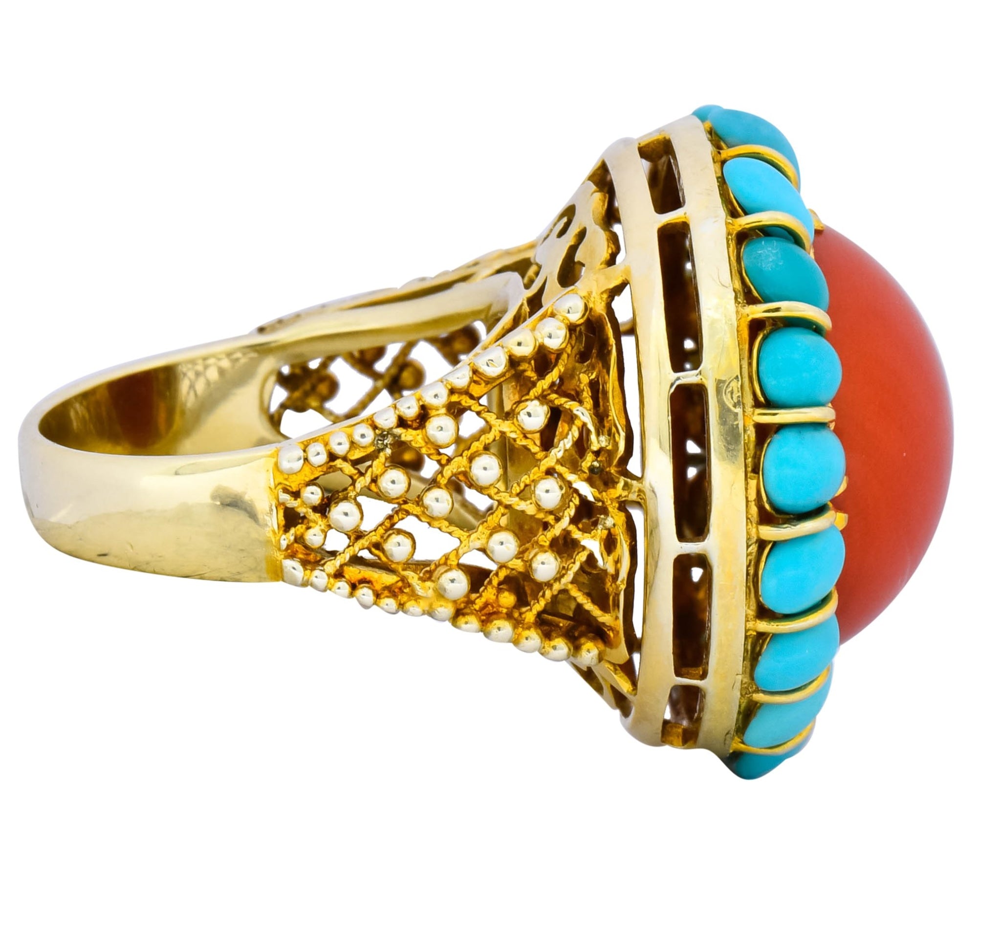 Vintage Coral Turquoise 14 Karat Gold Cluster Ring Circa 1960 - Wilson's Estate Jewelry