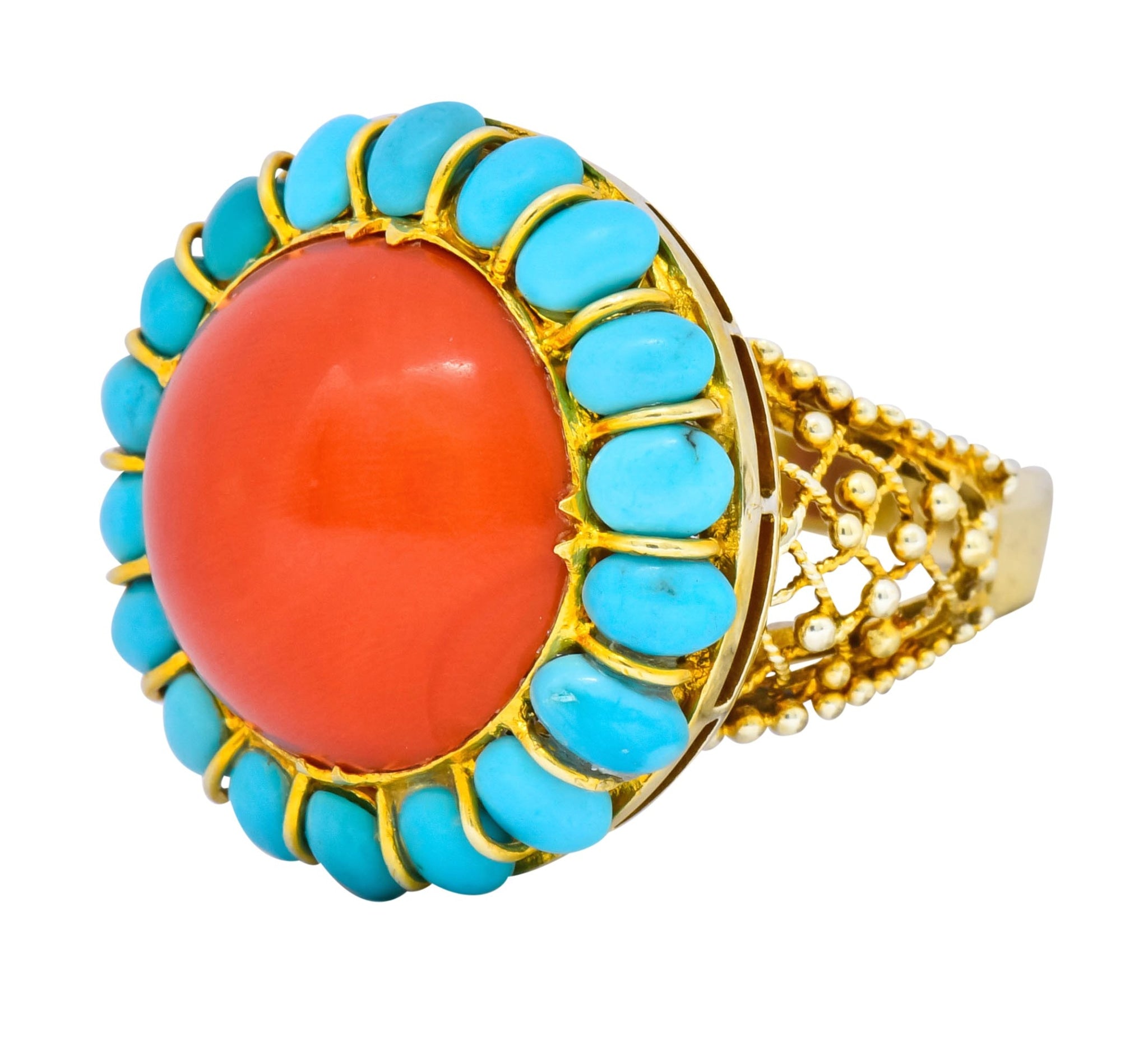 Vintage Coral Turquoise 14 Karat Gold Cluster Ring Circa 1960 - Wilson's Estate Jewelry