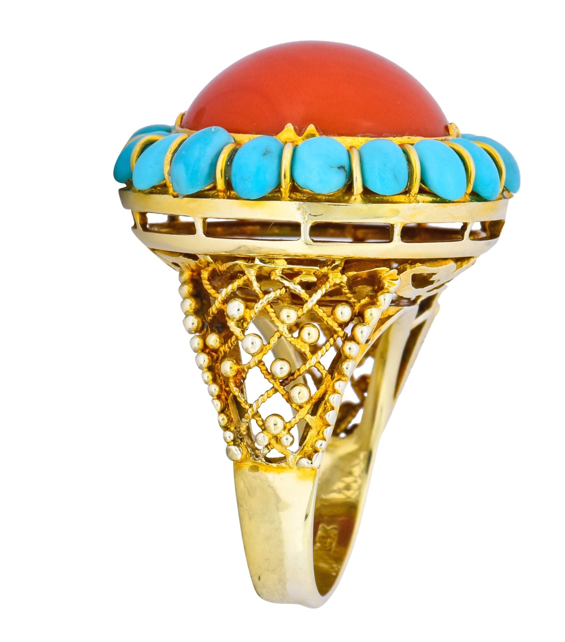 Vintage Coral Turquoise 14 Karat Gold Cluster Ring Circa 1960 - Wilson's Estate Jewelry