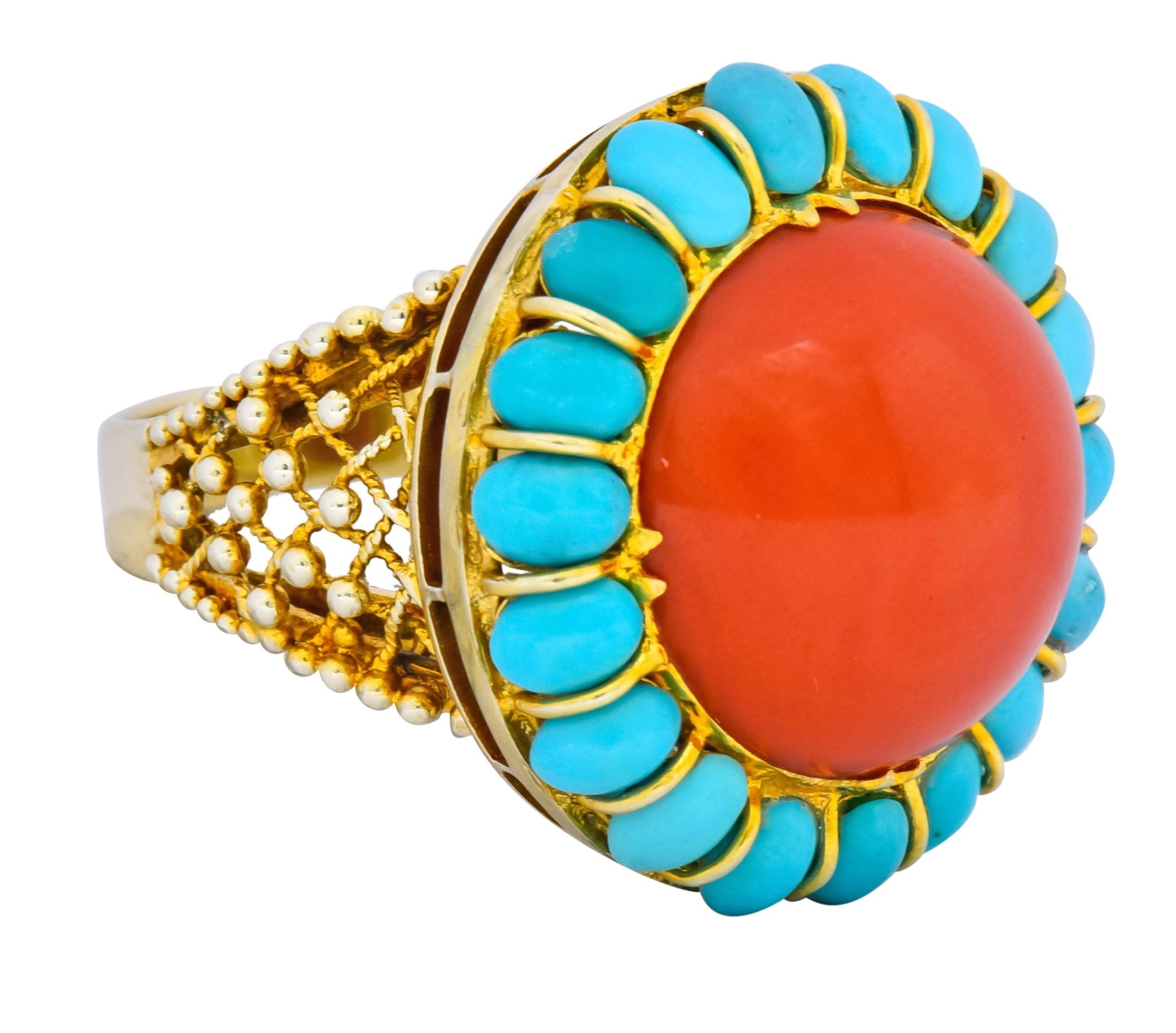 Vintage Coral Turquoise 14 Karat Gold Cluster Ring Circa 1960 - Wilson's Estate Jewelry