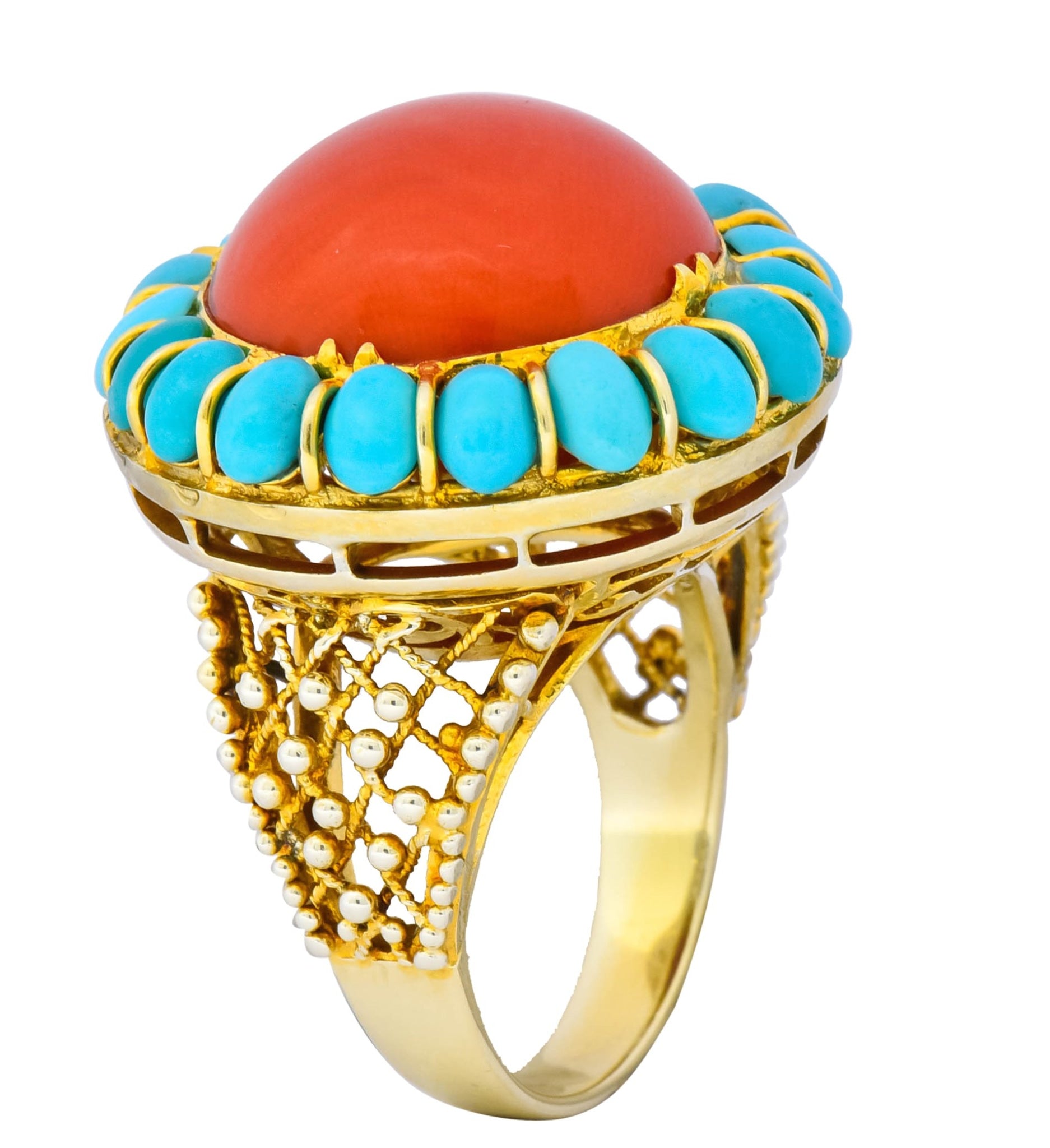 Vintage Coral Turquoise 14 Karat Gold Cluster Ring Circa 1960 - Wilson's Estate Jewelry
