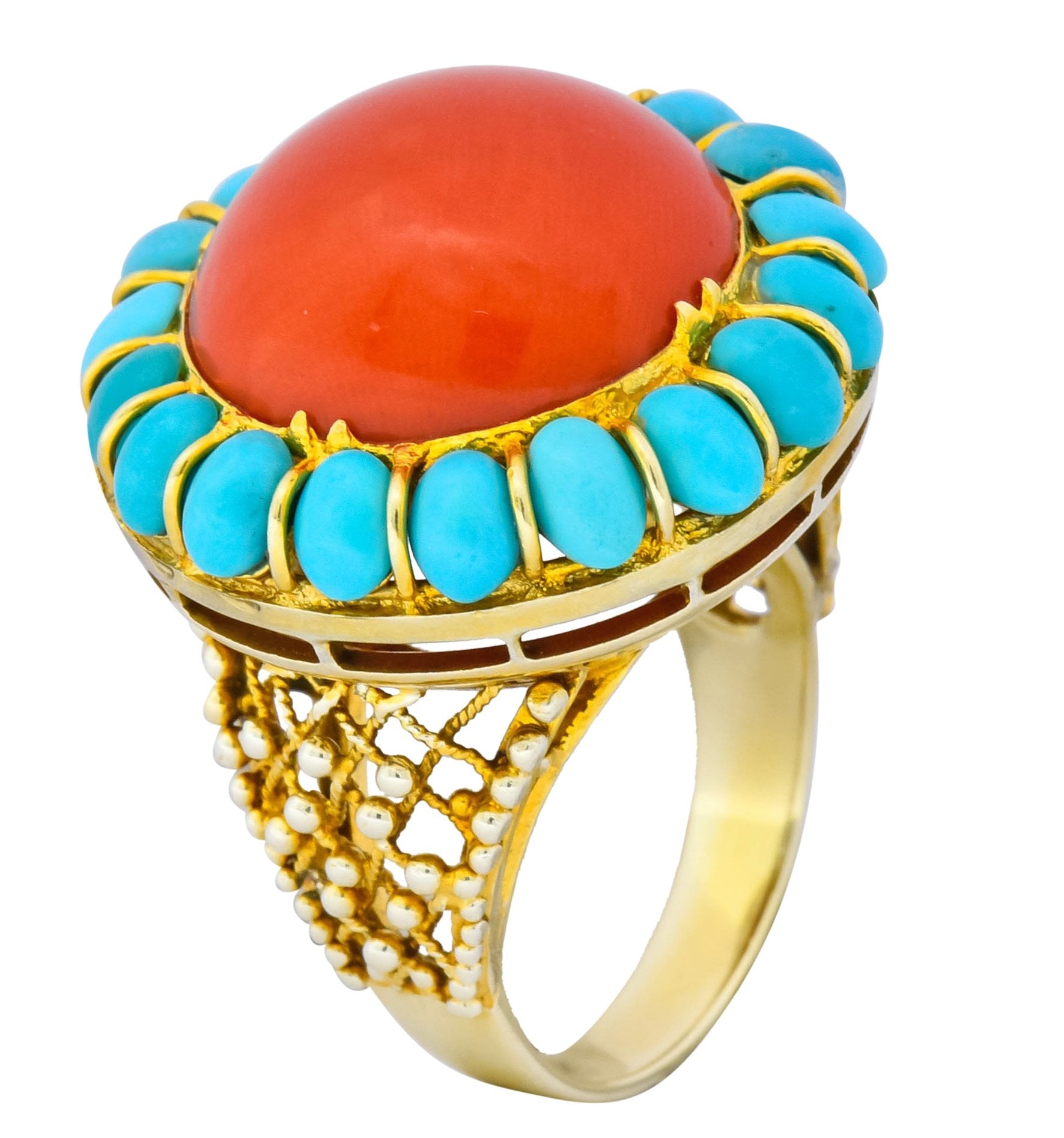 Vintage Coral Turquoise 14 Karat Gold Cluster Ring Circa 1960 - Wilson's Estate Jewelry